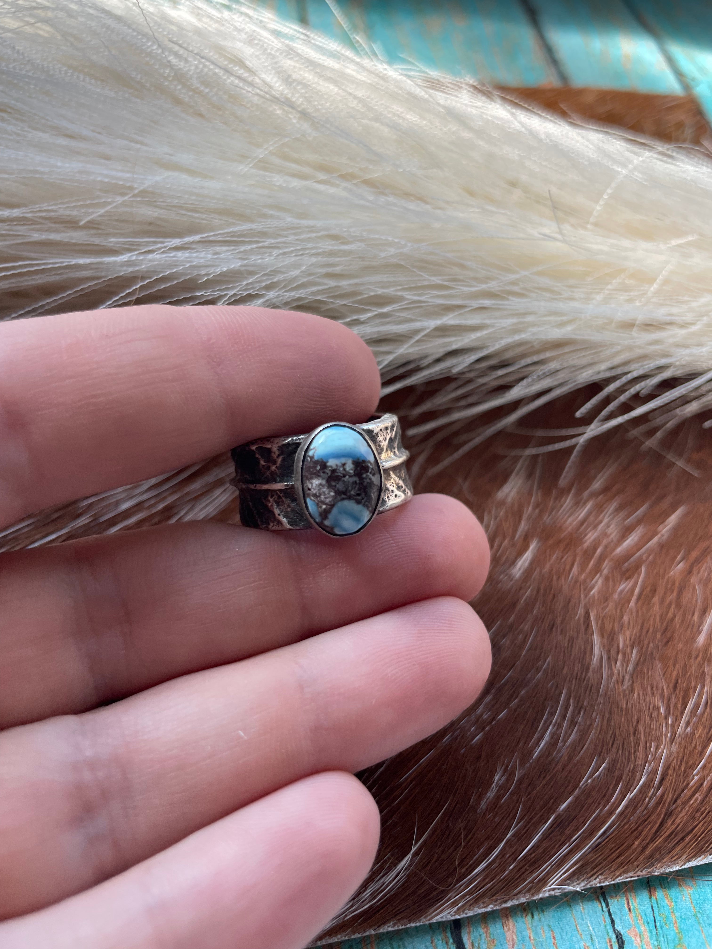 Navajo Golden Hills Turquoise & Tufa Cast Ring Size 6.5 Signed