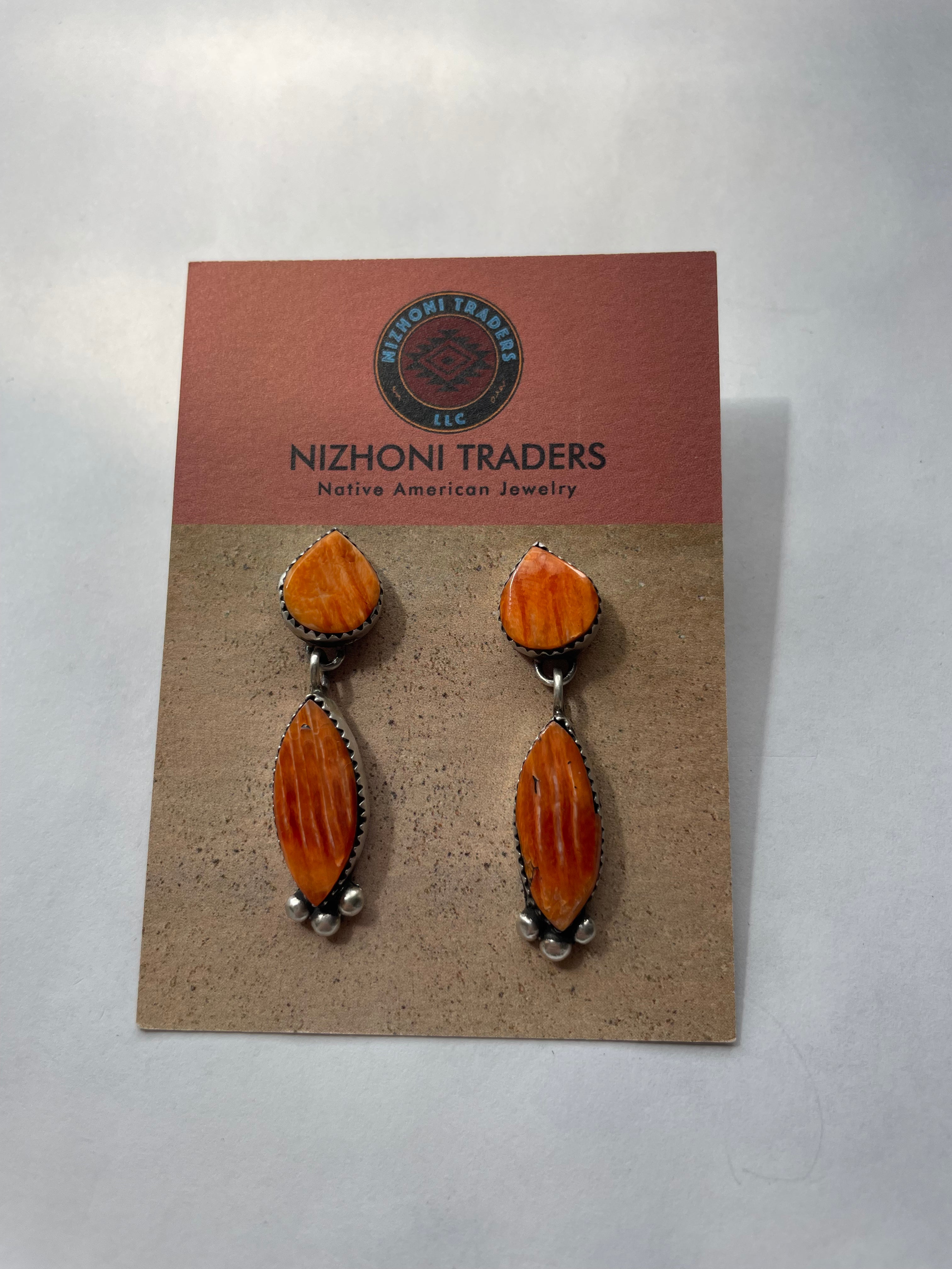 Navajo Selena Warner Orange Spiny & Sterling Silver Dangle Earrings