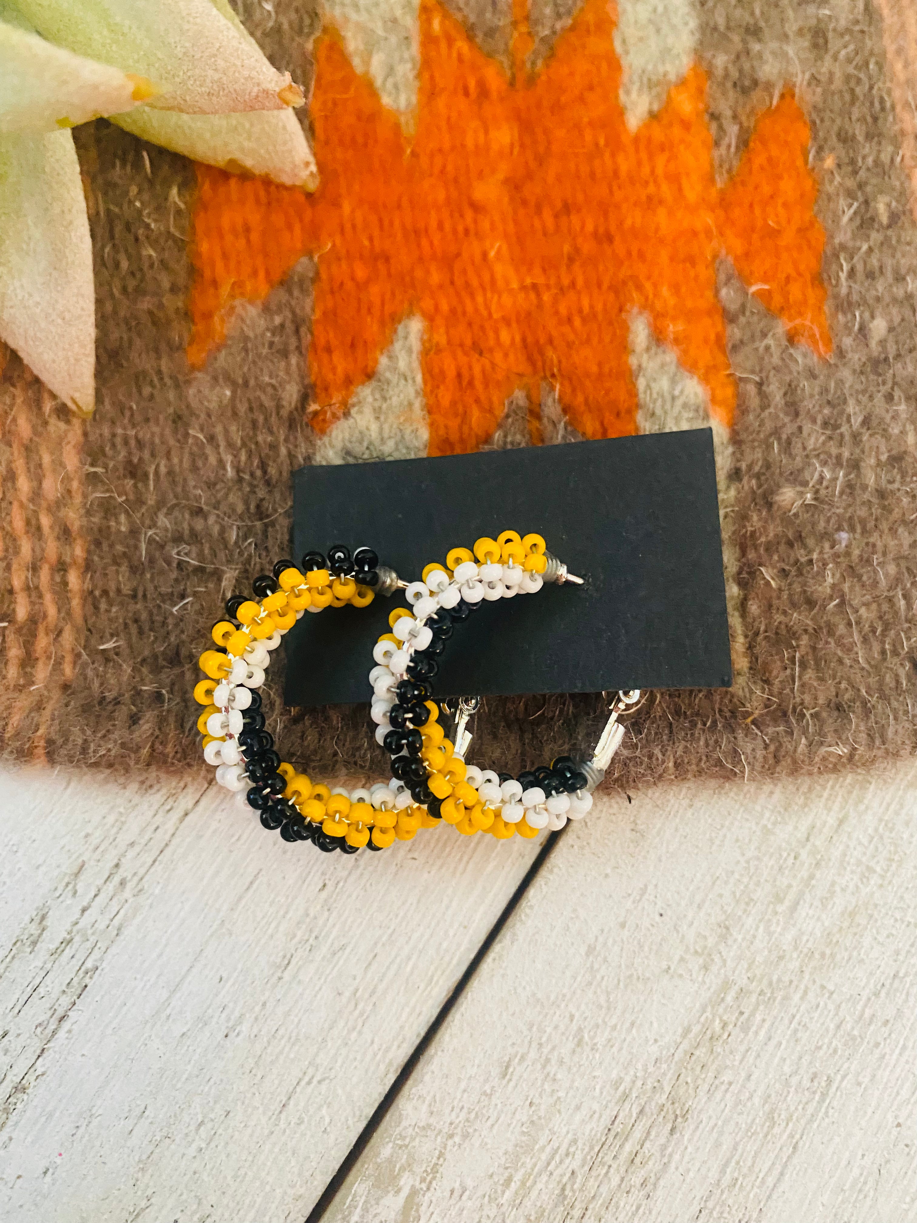 Navajo Handmade Beaded Hoop Earrings- yellow/black