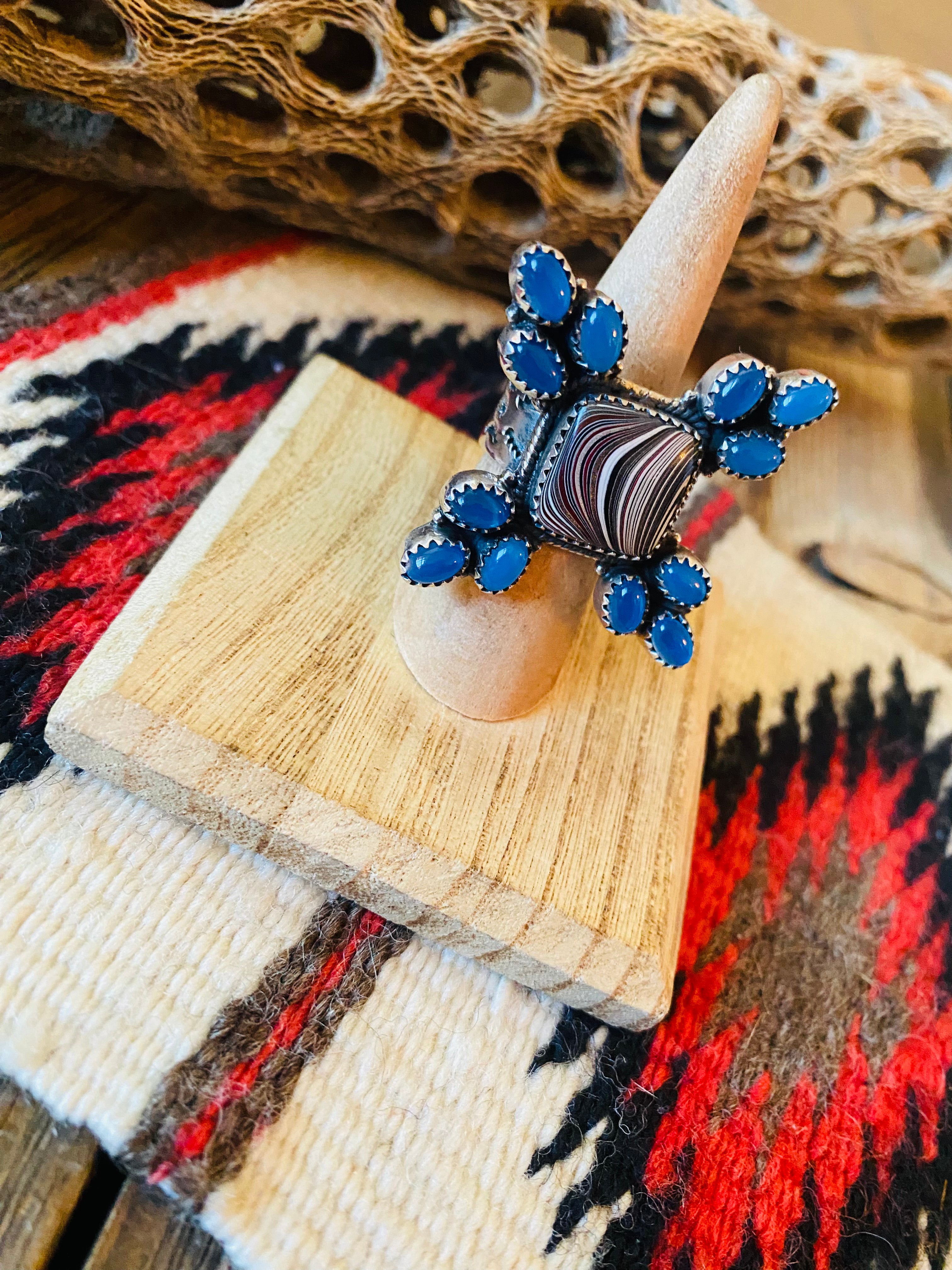 Handmade Sterling Silver, Fordite & Blue Chalcedony Cluster Adjustable Ring