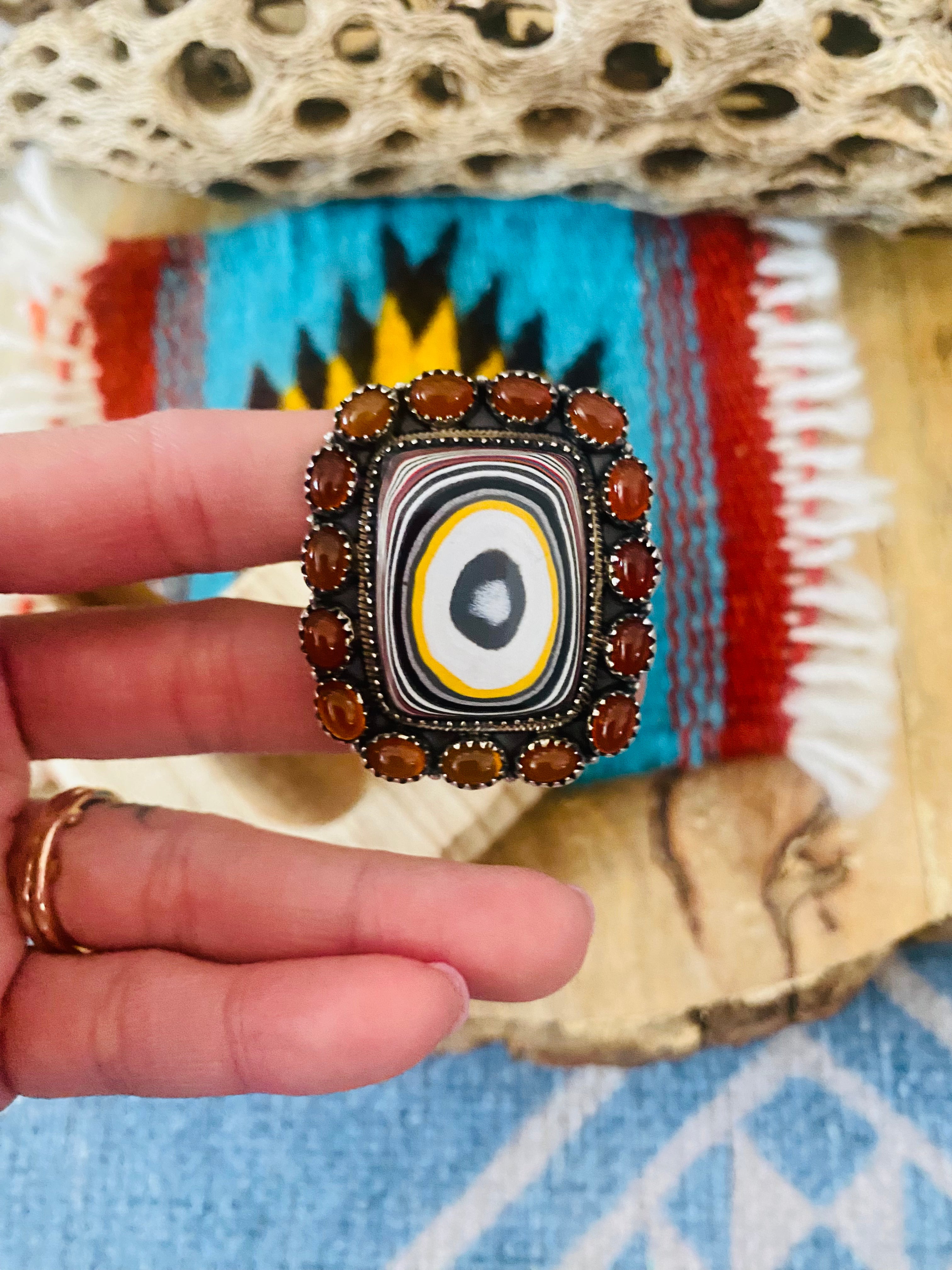 Handmade Sterling Silver, Fordite & Garnet Cluster Adjustable Ring