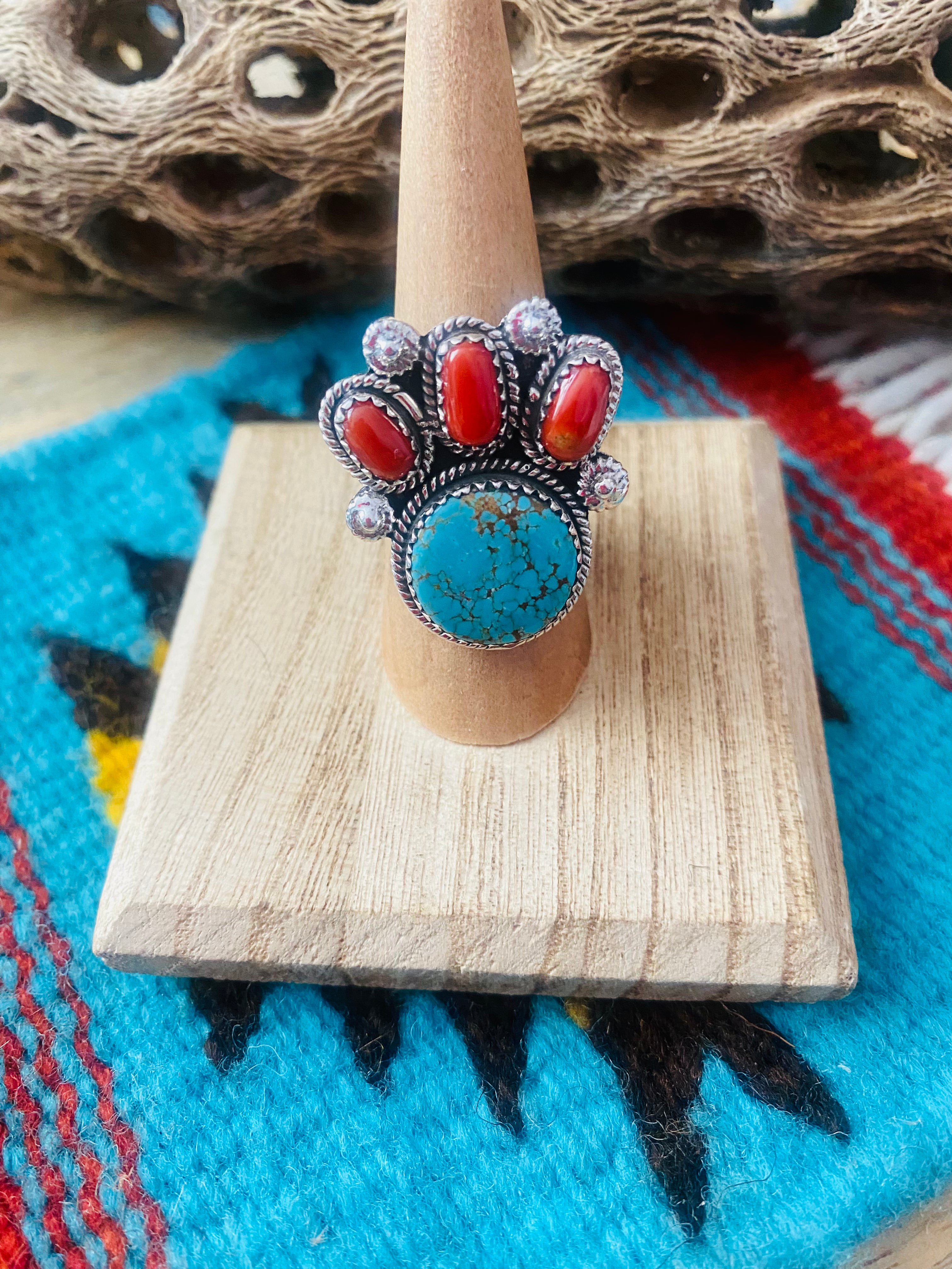 Handmade Sterling Silver, Coral & Number 8 Turquoise Adjustable Ring