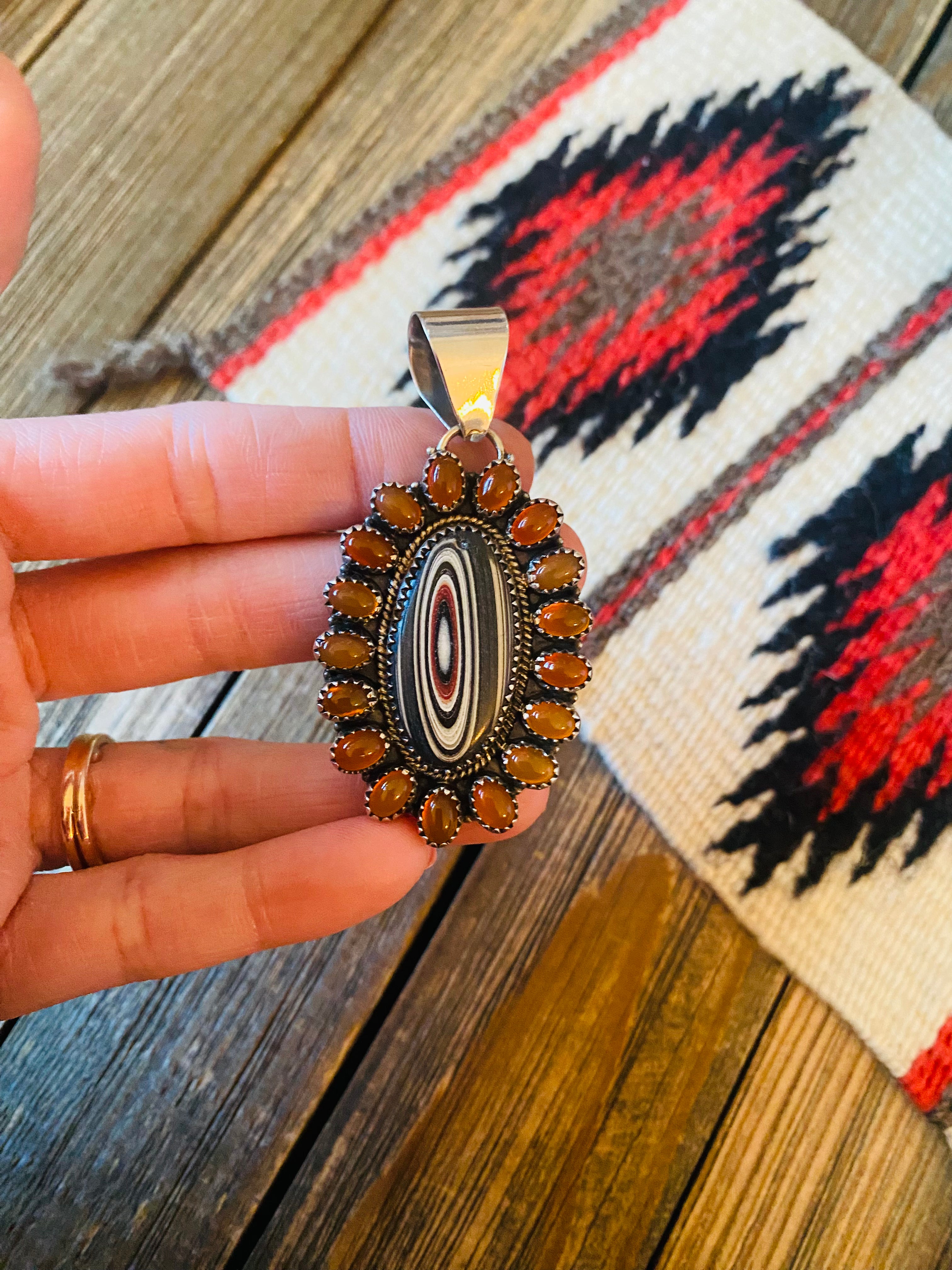 Handmade Sterling Silver, Fordite & Garnet Cluster Pendant