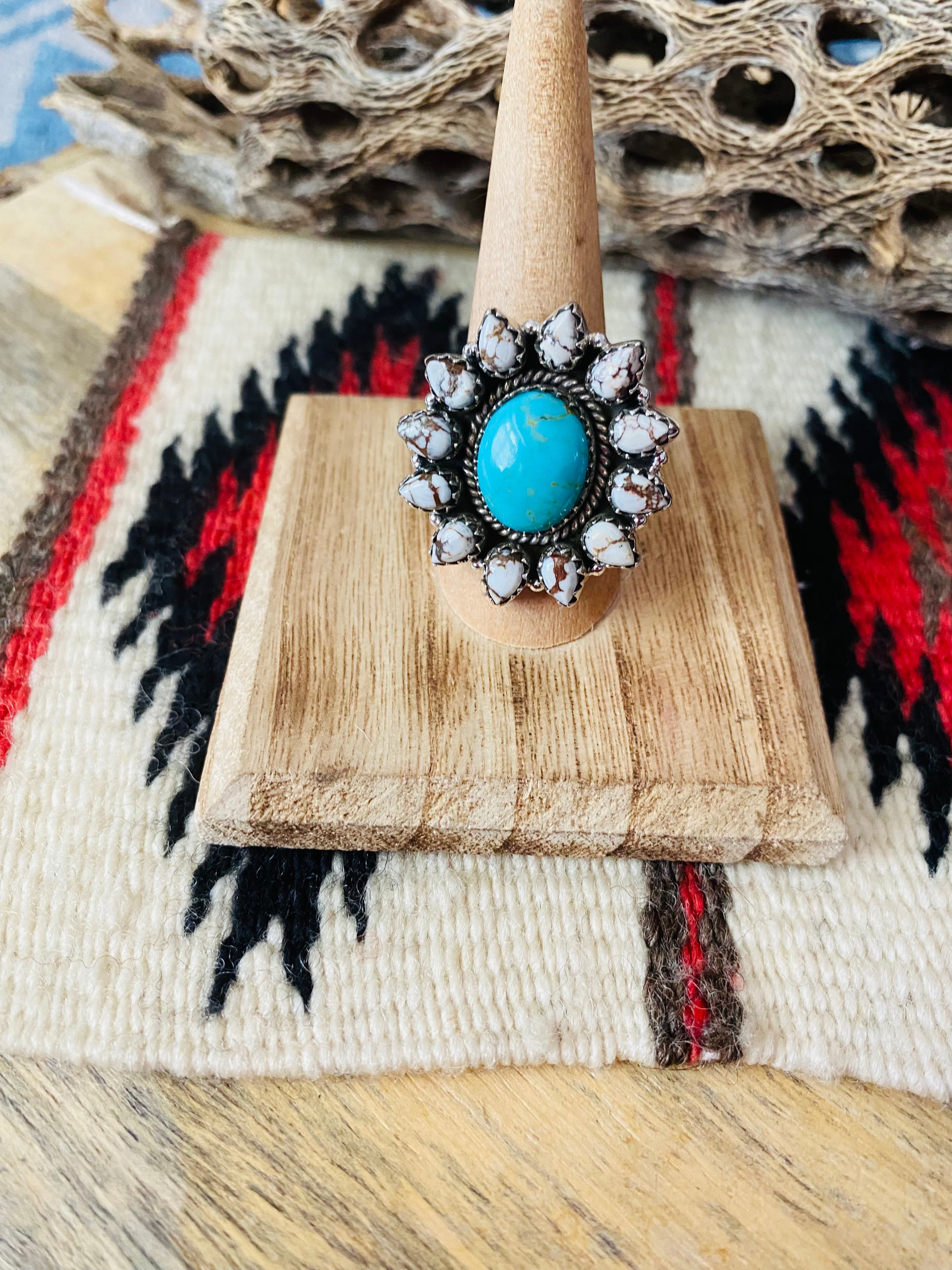 Handmade Sterling Silver, Wild Horse & Turquoise Cluster Adjustable Ring