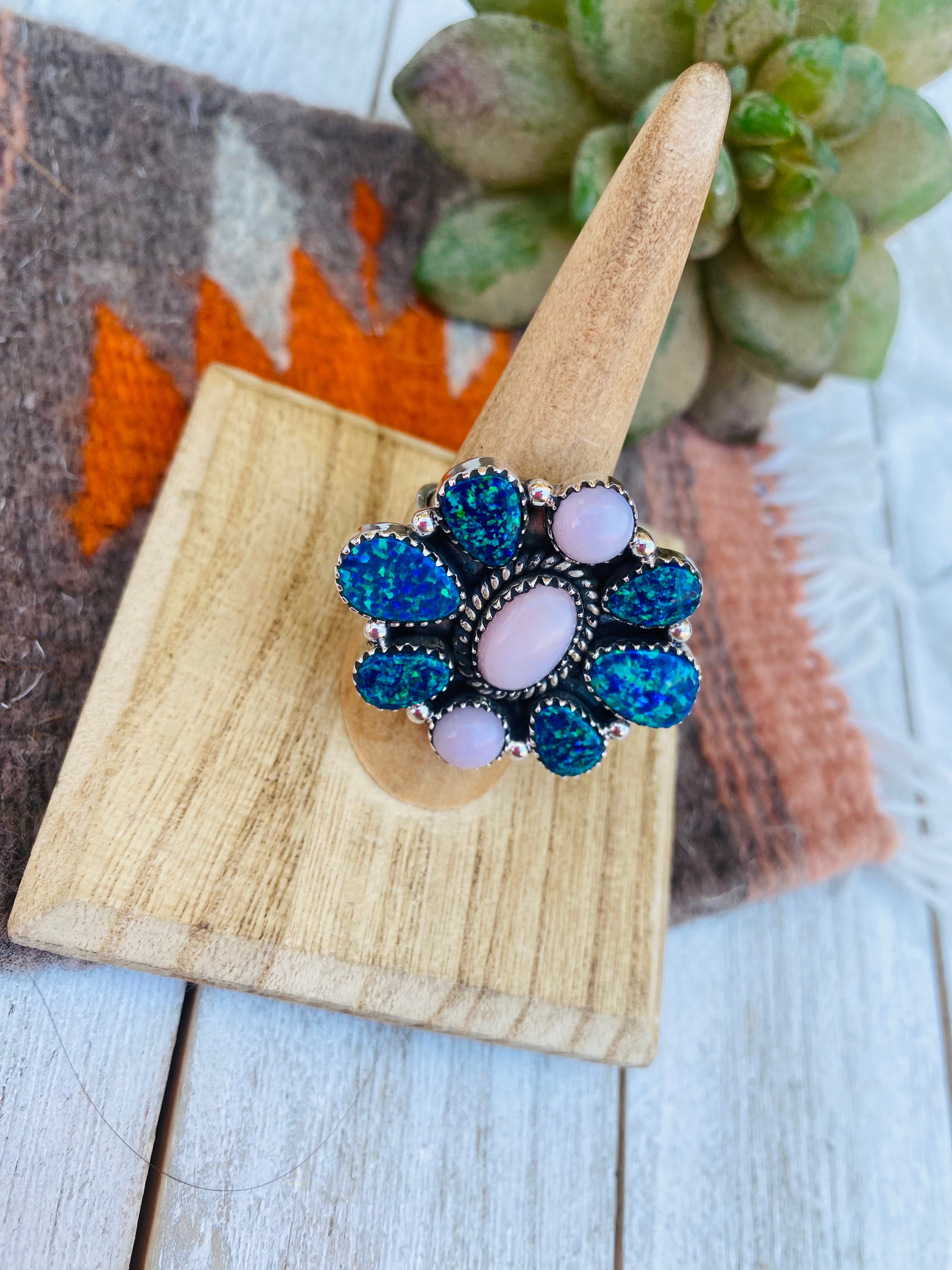 Handmade Sterling Silver, Opal & Queen Pink Cluster Adjustable Ring