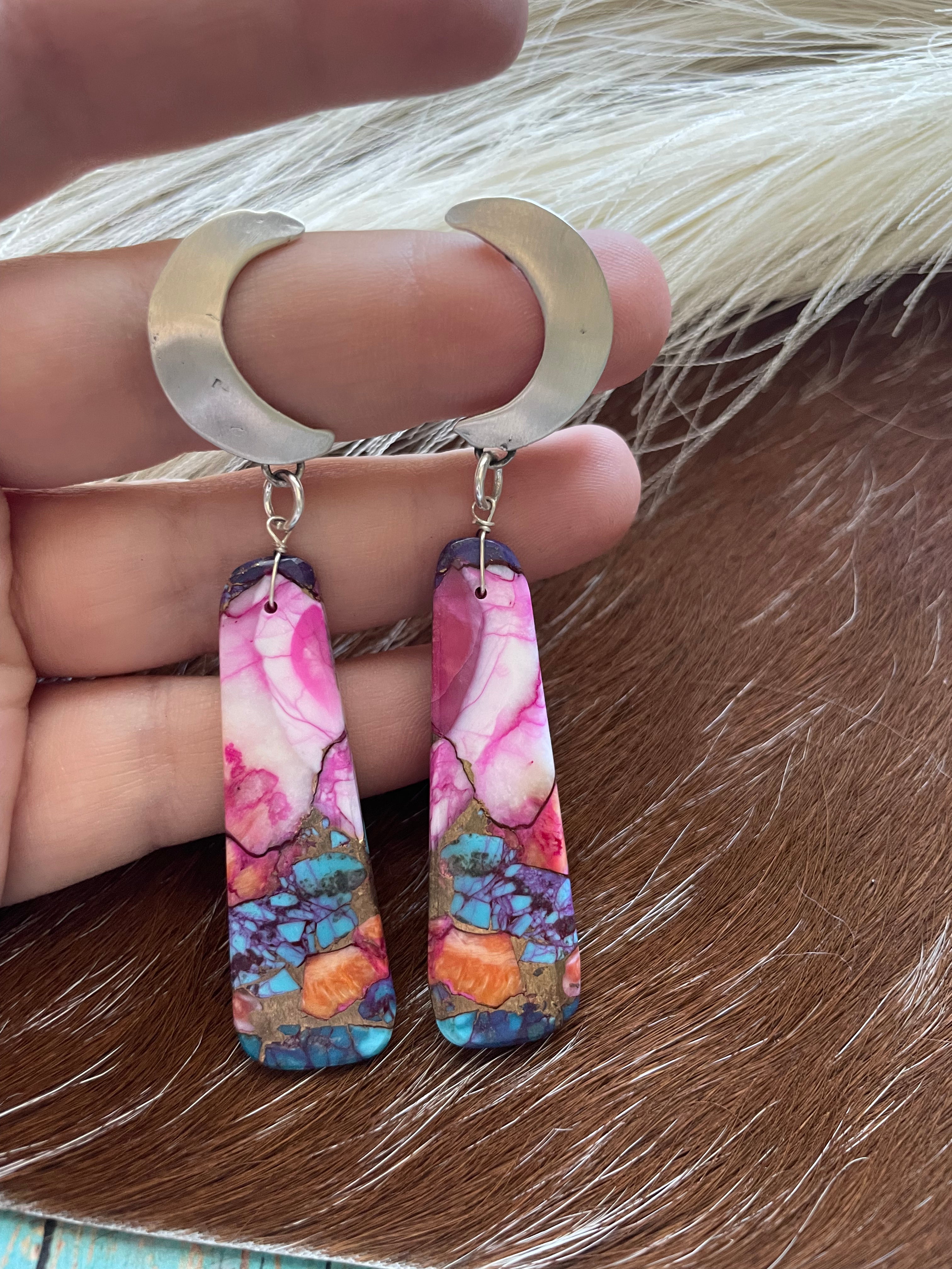 Navajo Pink Dream Mohave & Sterling Silver Moon Slab Dangles