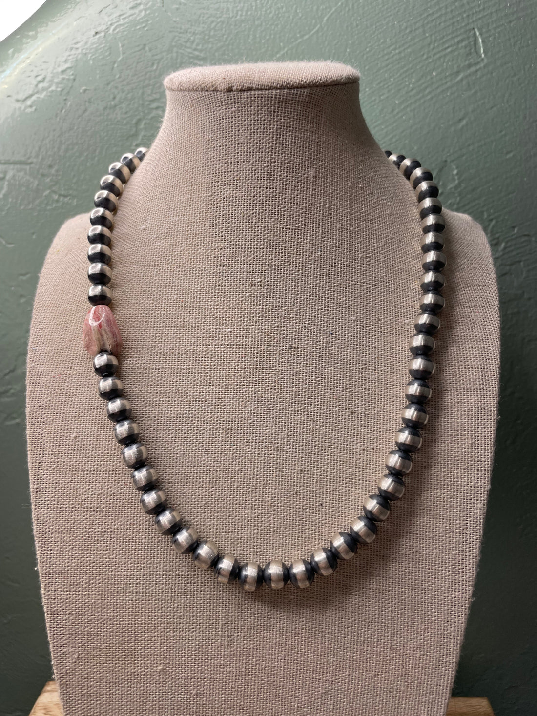 Handcrafted Sterling Silver And Rhodochrosite 8mm Beaded Necklace 18”