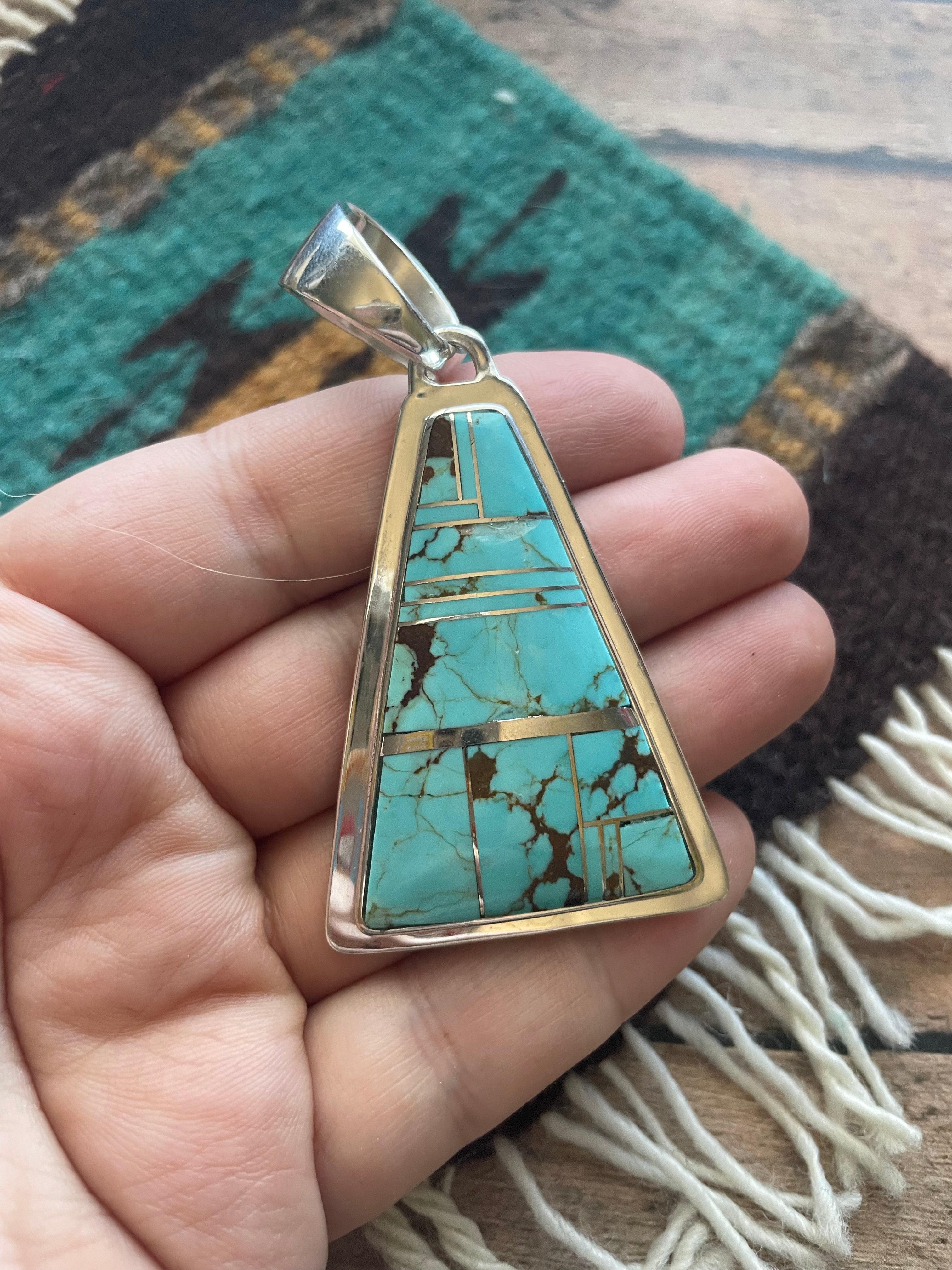 Navajo Number 8 Turquoise Inlay & Sterling Silver Triangle Pendant