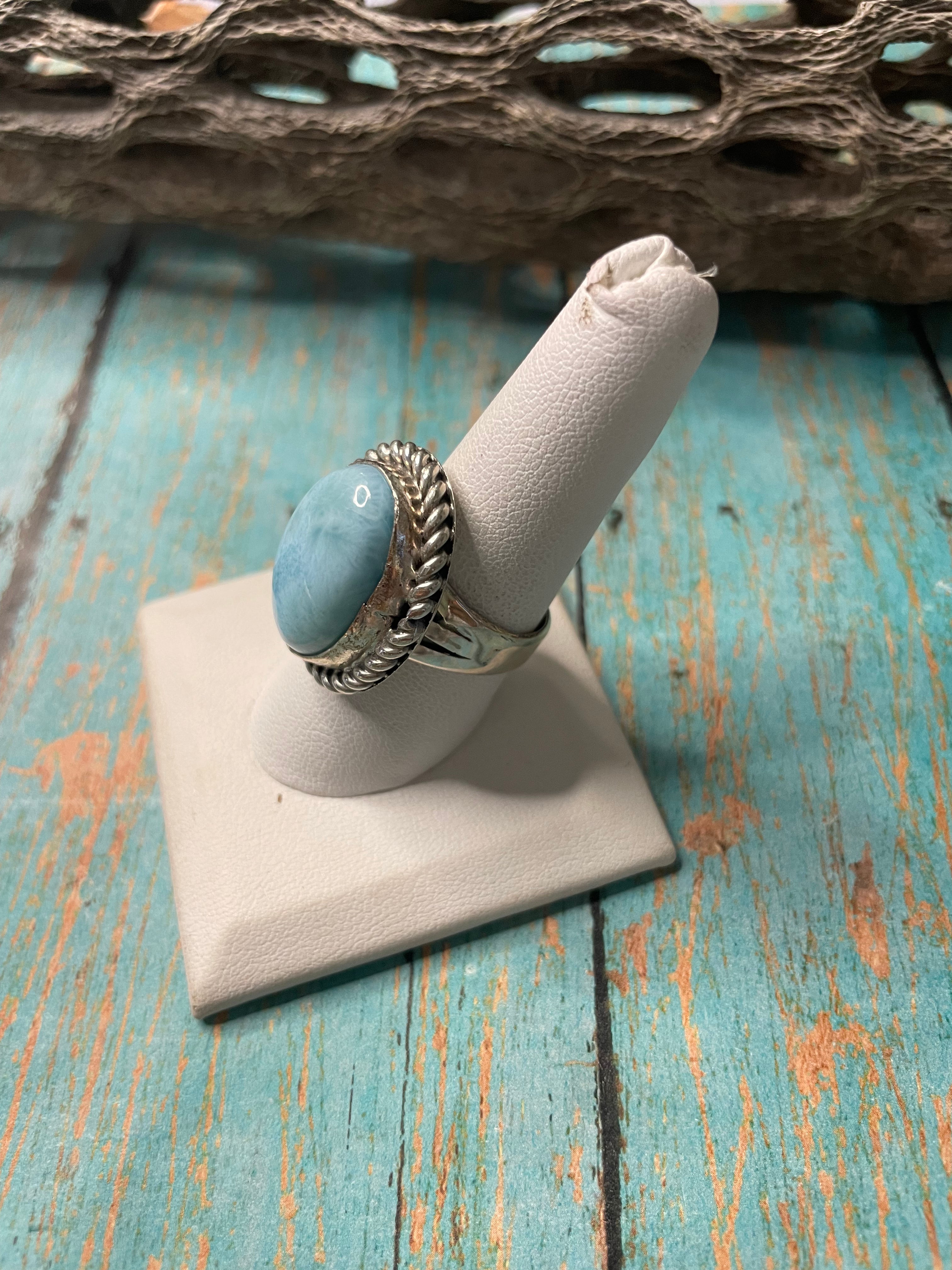 Old Pawn Navajo Sterling Silver & Light Blue Larimer Ring Size 8.5