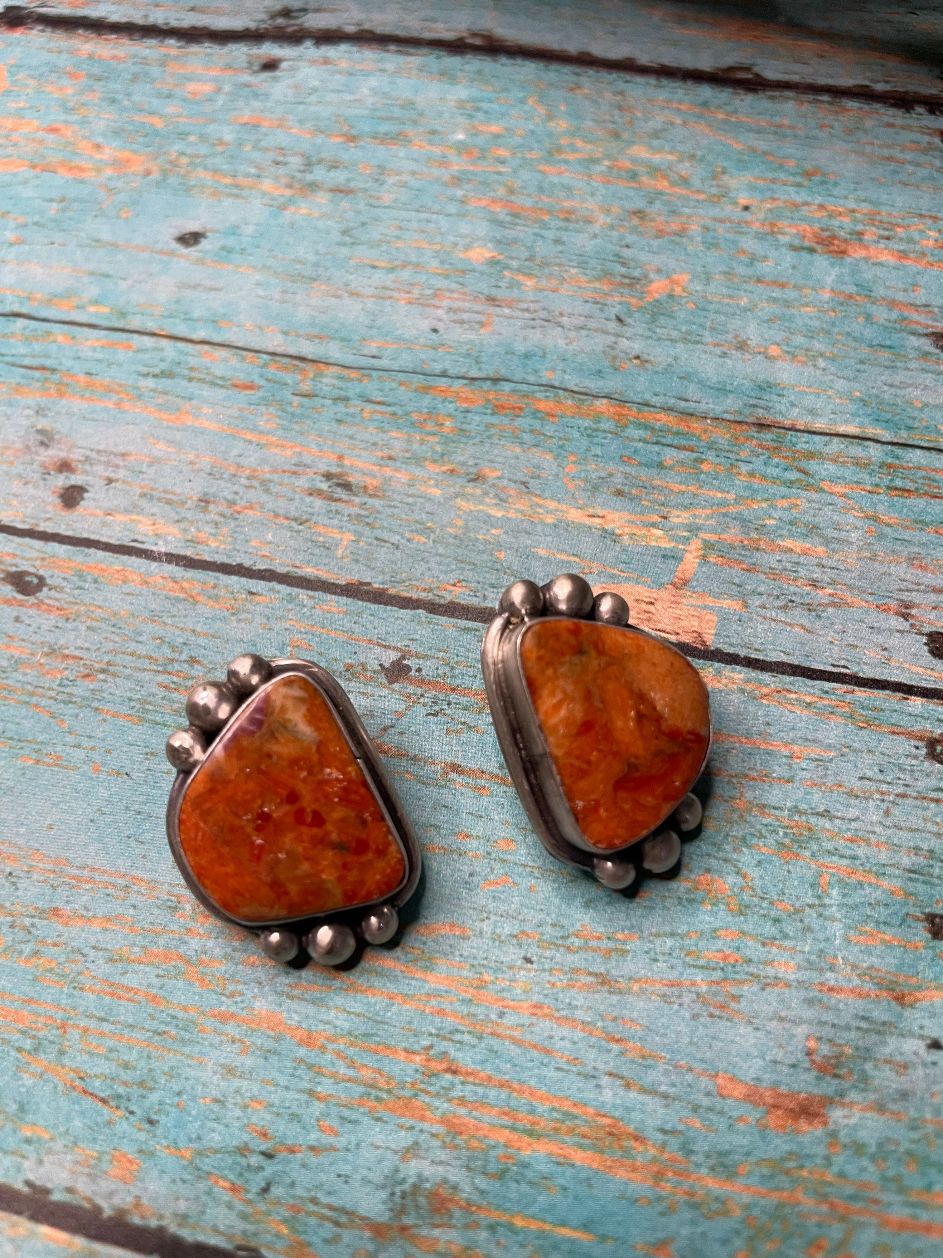 Navajo Apple Coral And Sterling Silver Post Earrings Signed