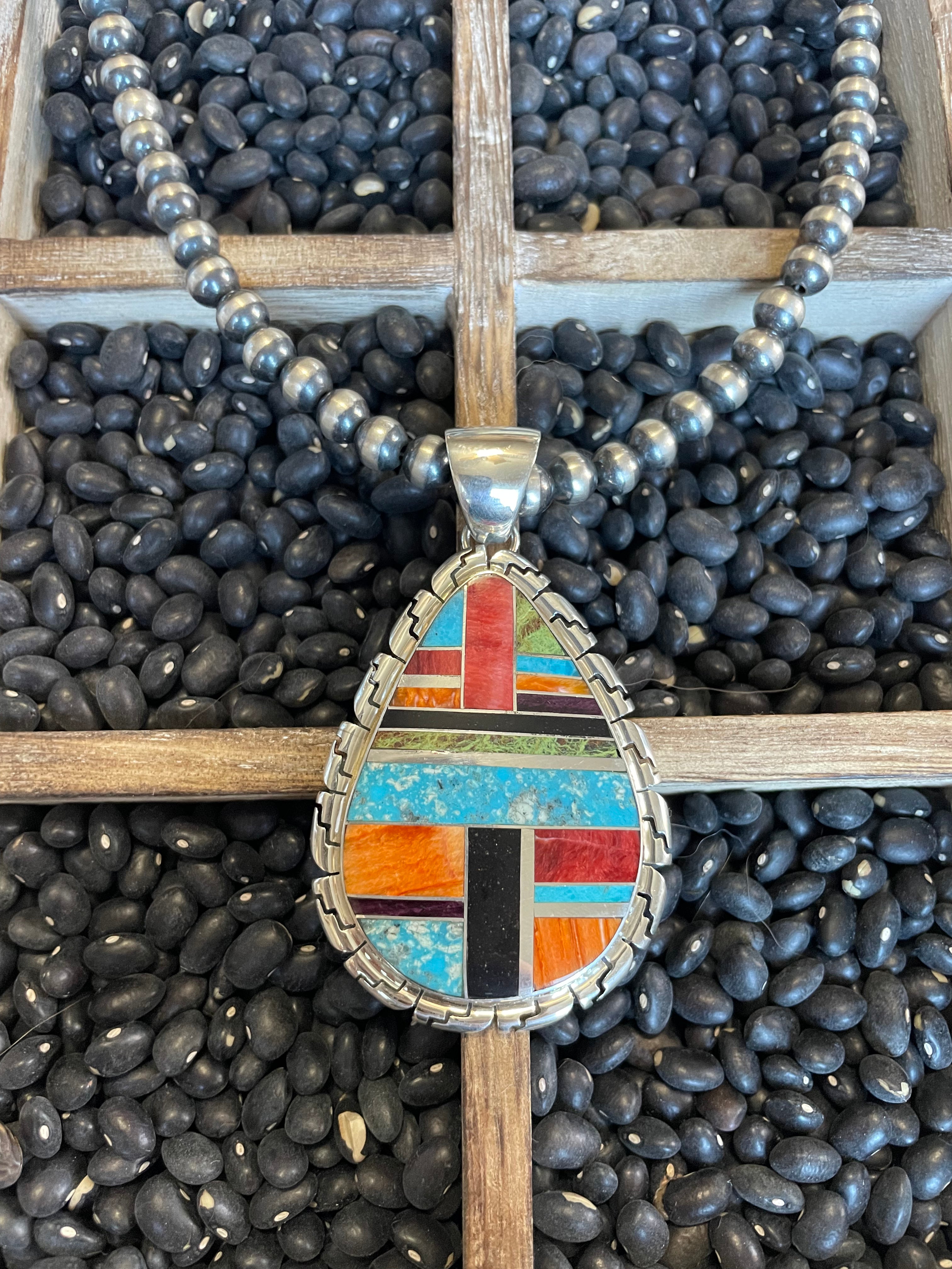 Navajo Multi Stone Inlay & Sterling Silver Pendant Signed LK