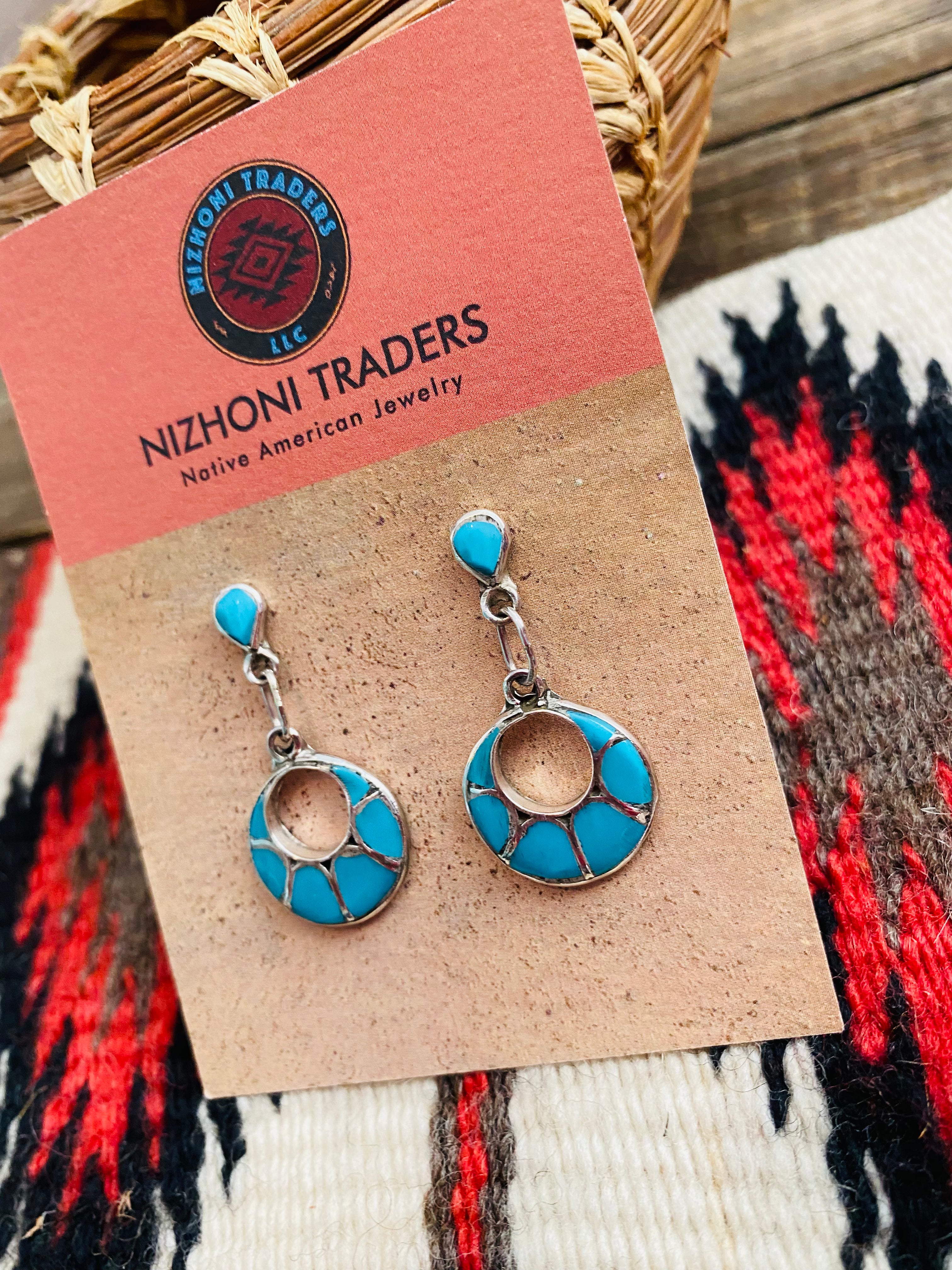 Zuni Sterling Silver & Turquoise Inlay Dangle Earrings