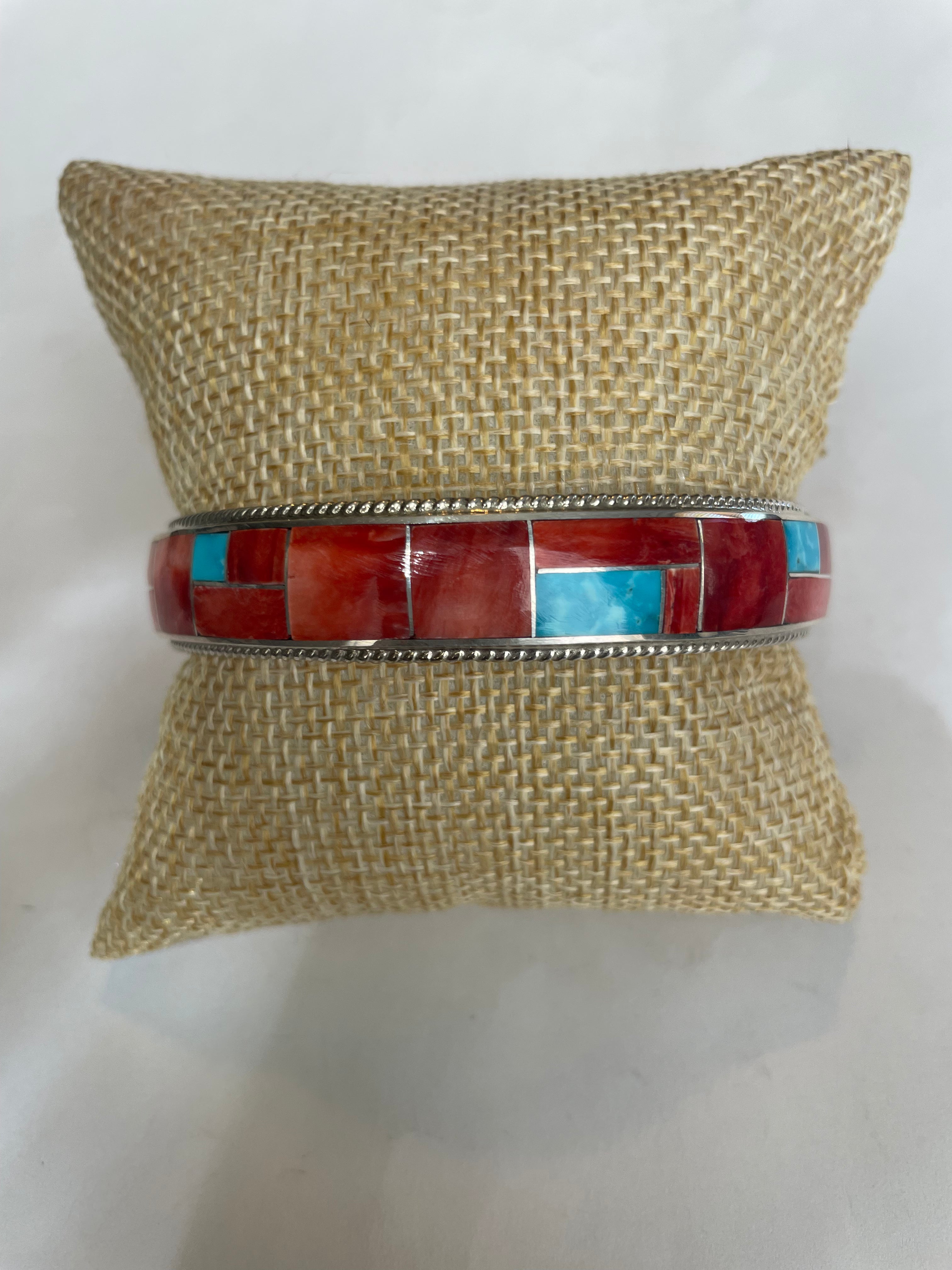 Navajo Turquoise & Spiny Inlay Sterling Silver Bangle