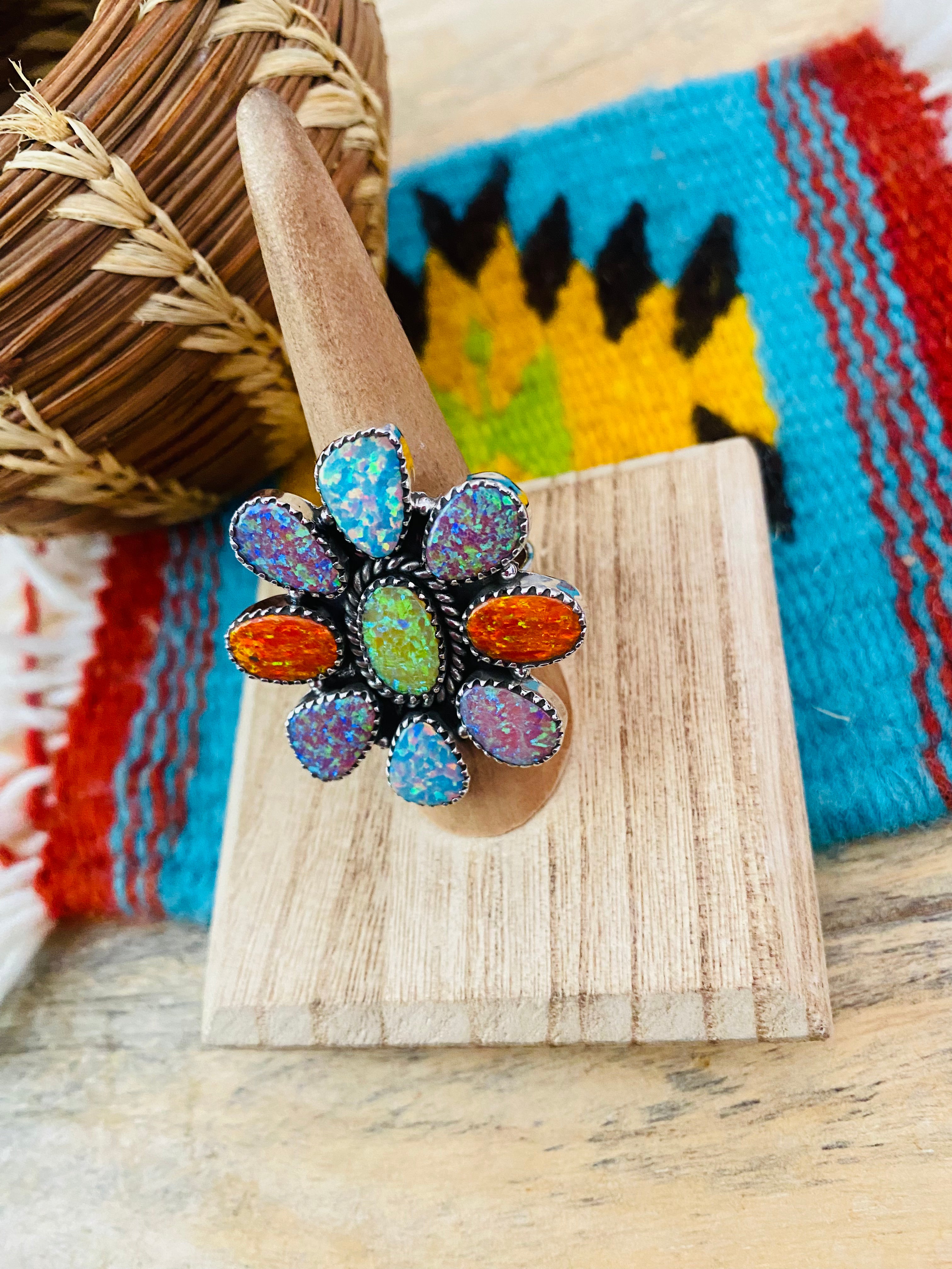 Handmade Sterling Silver & Opal Cluster Adjustable Ring