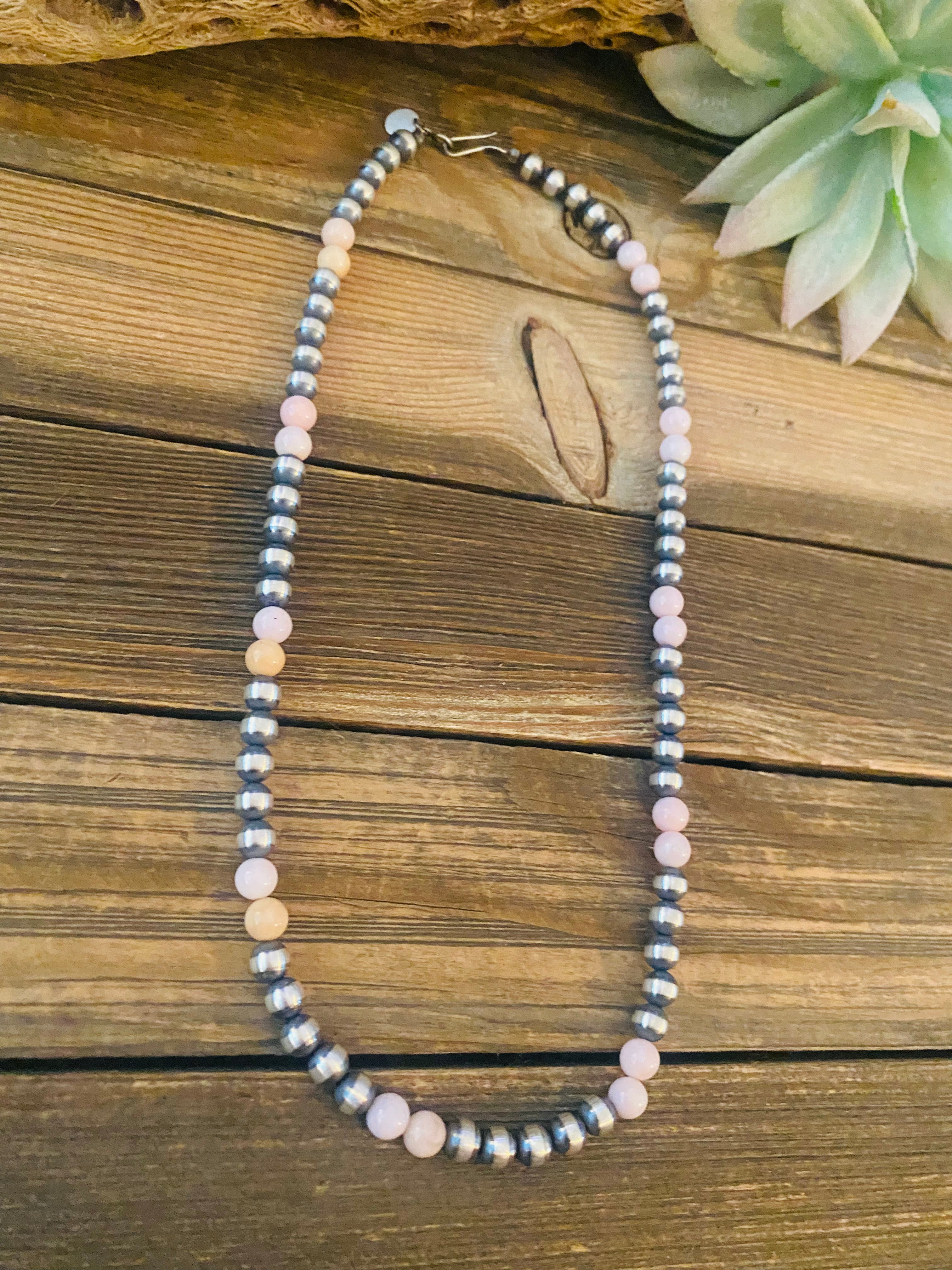 Navajo Sterling Silver Pearl & Pink Opal Beaded Necklace 18 inch