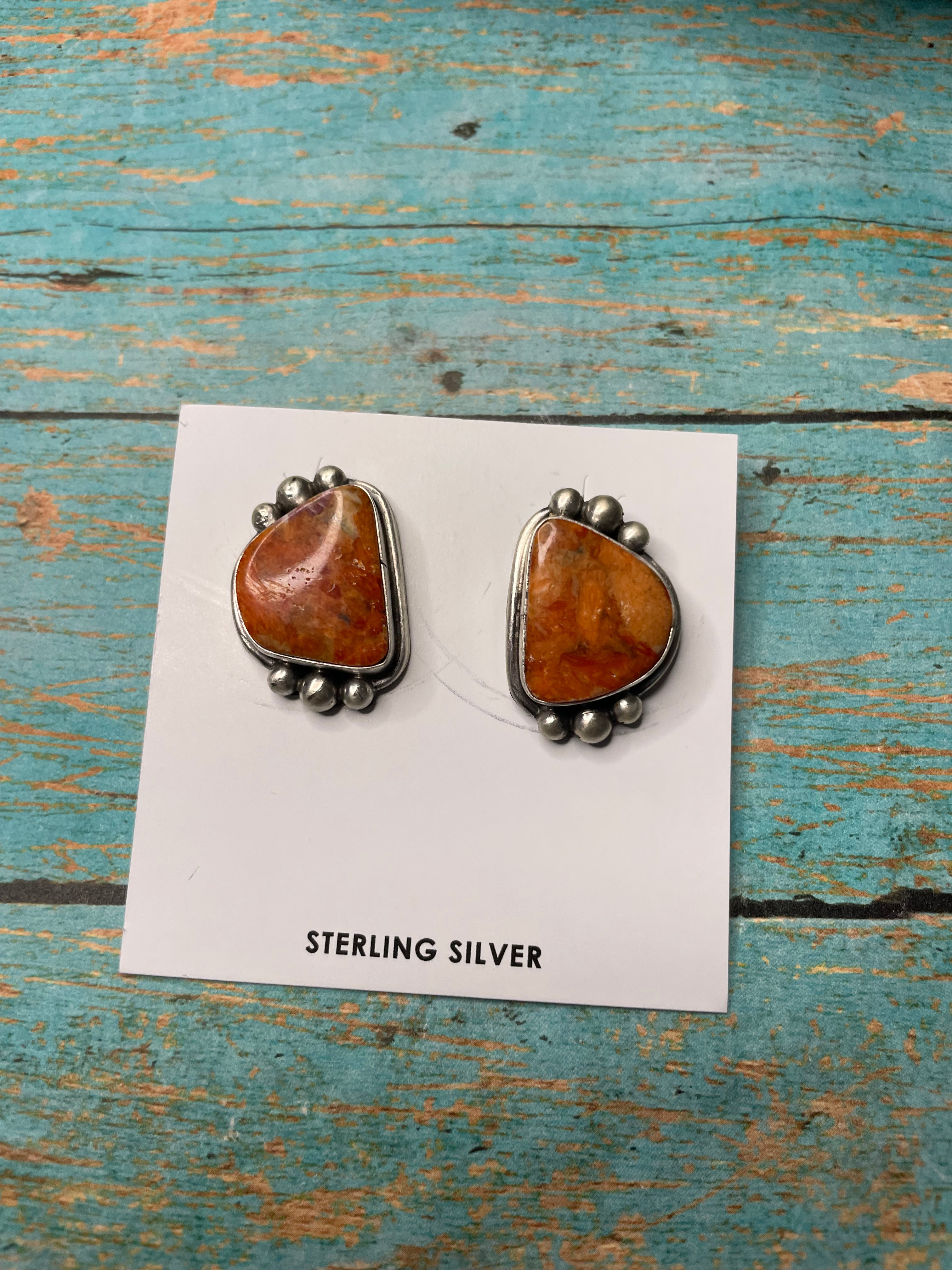 Navajo Apple Coral And Sterling Silver Post Earrings Signed