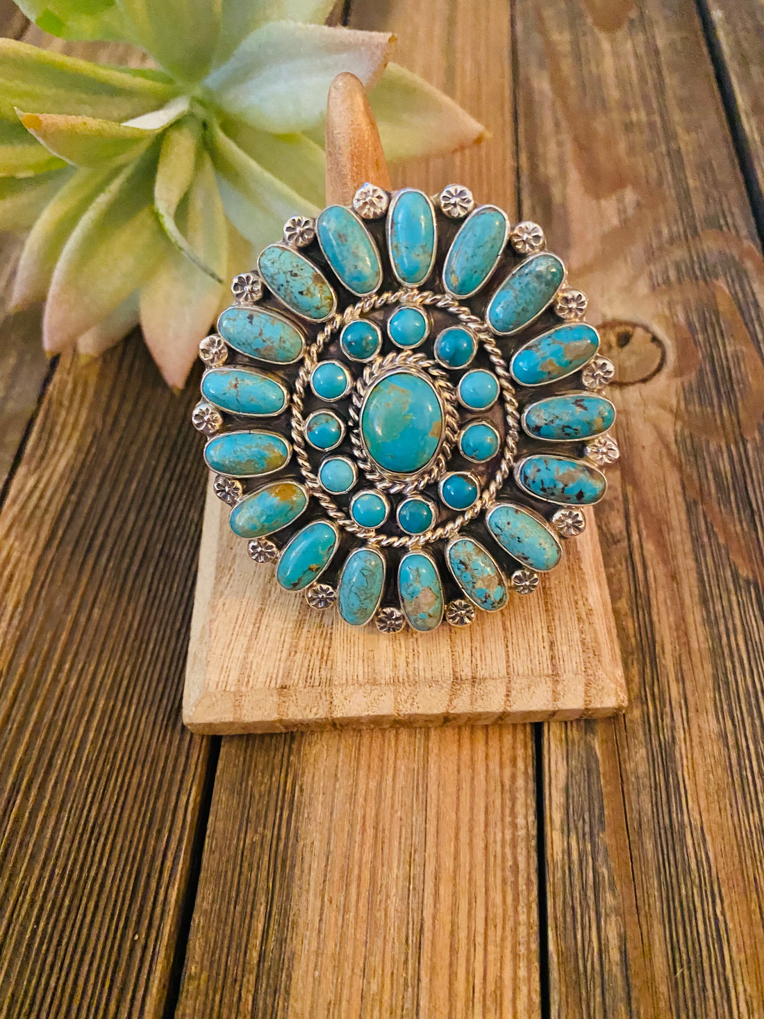 Handcrafted Kingman Turquoise & Sterling Silver Adjustable Cluster Ring