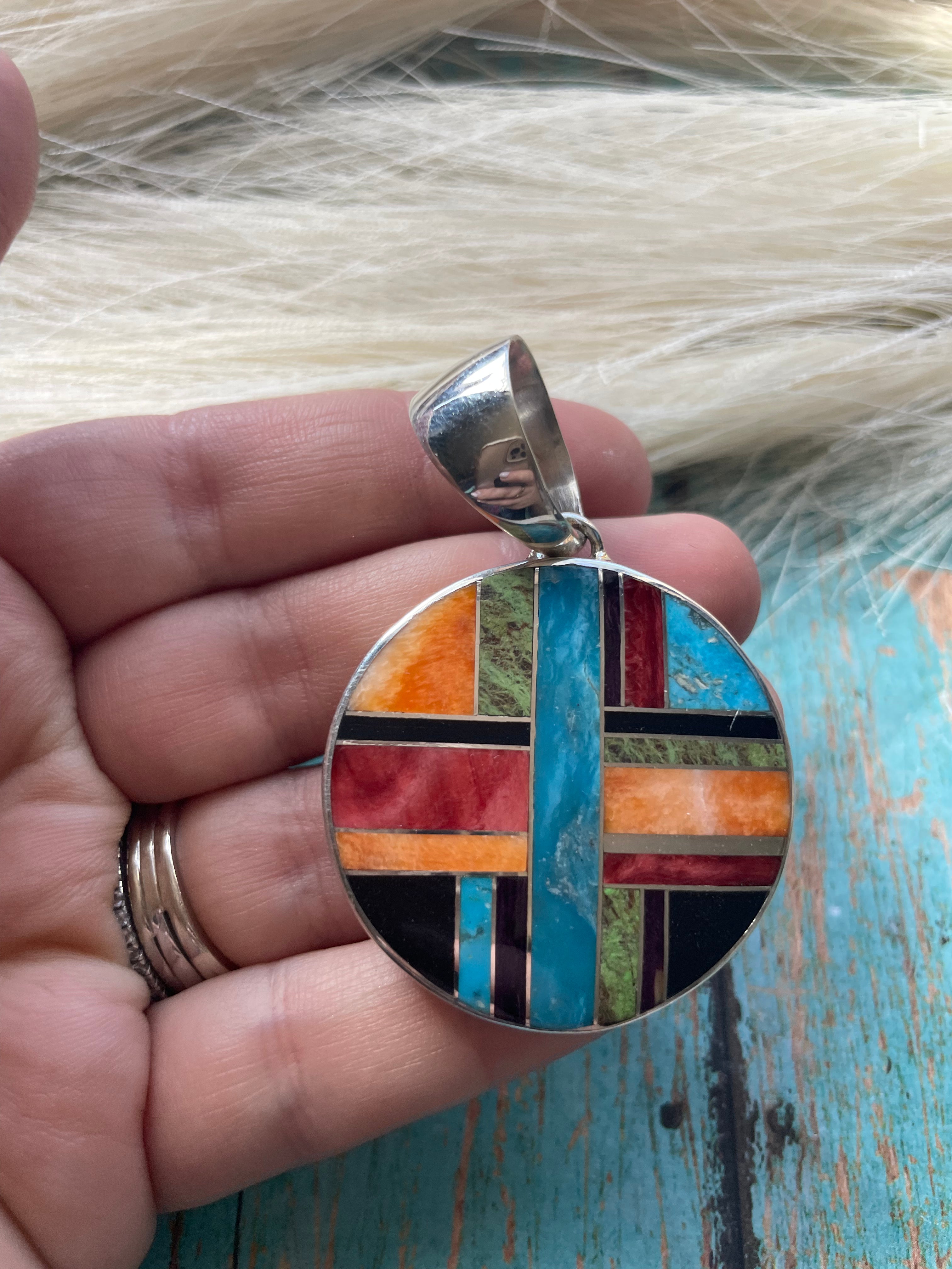 Navajo Multi Stone Inlay & Sterling Silver Circle Pendant