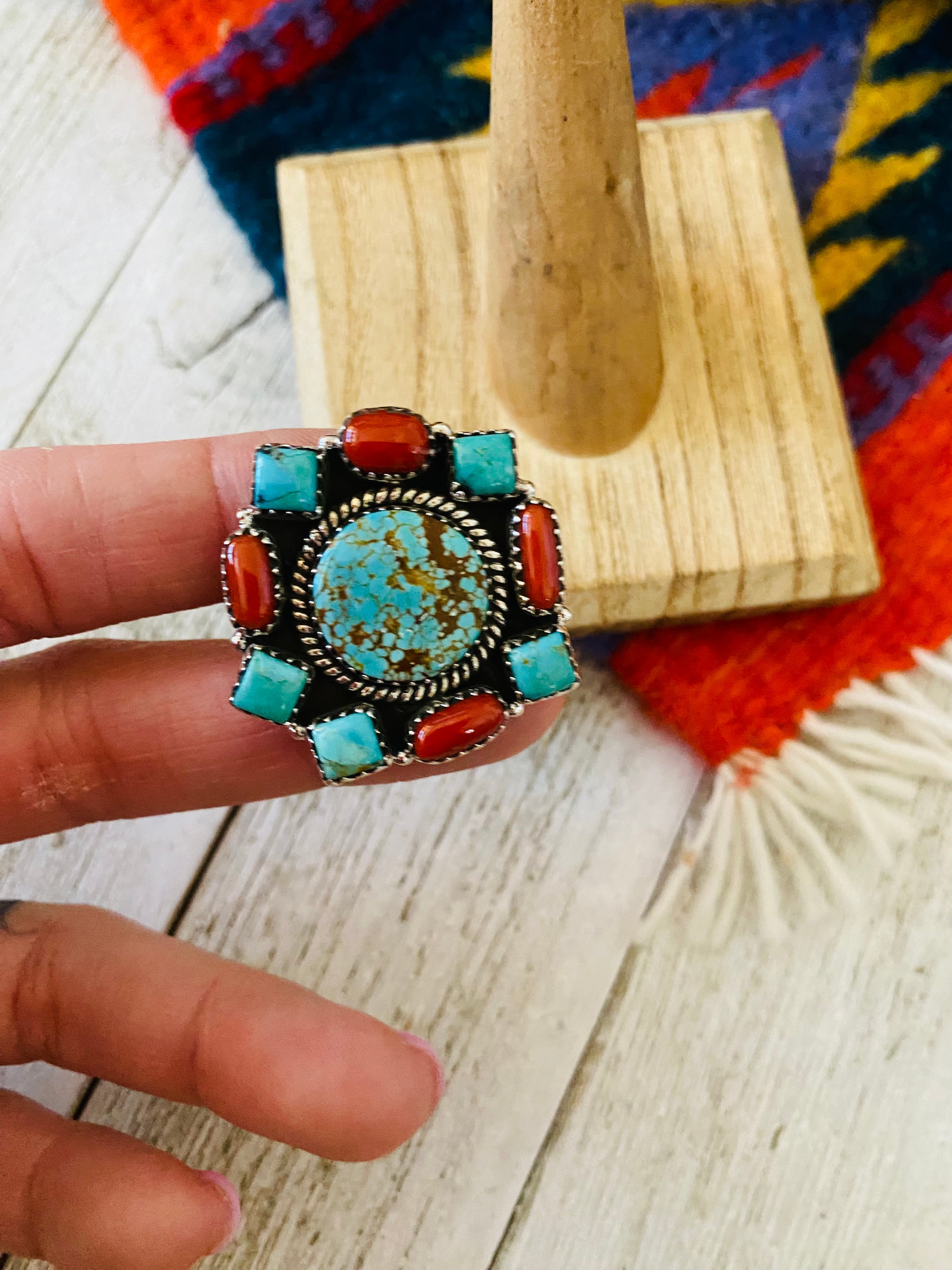 Handmade Sterling Silver, Coral & Number 8 Turquoise Cluster Adjustable Ring