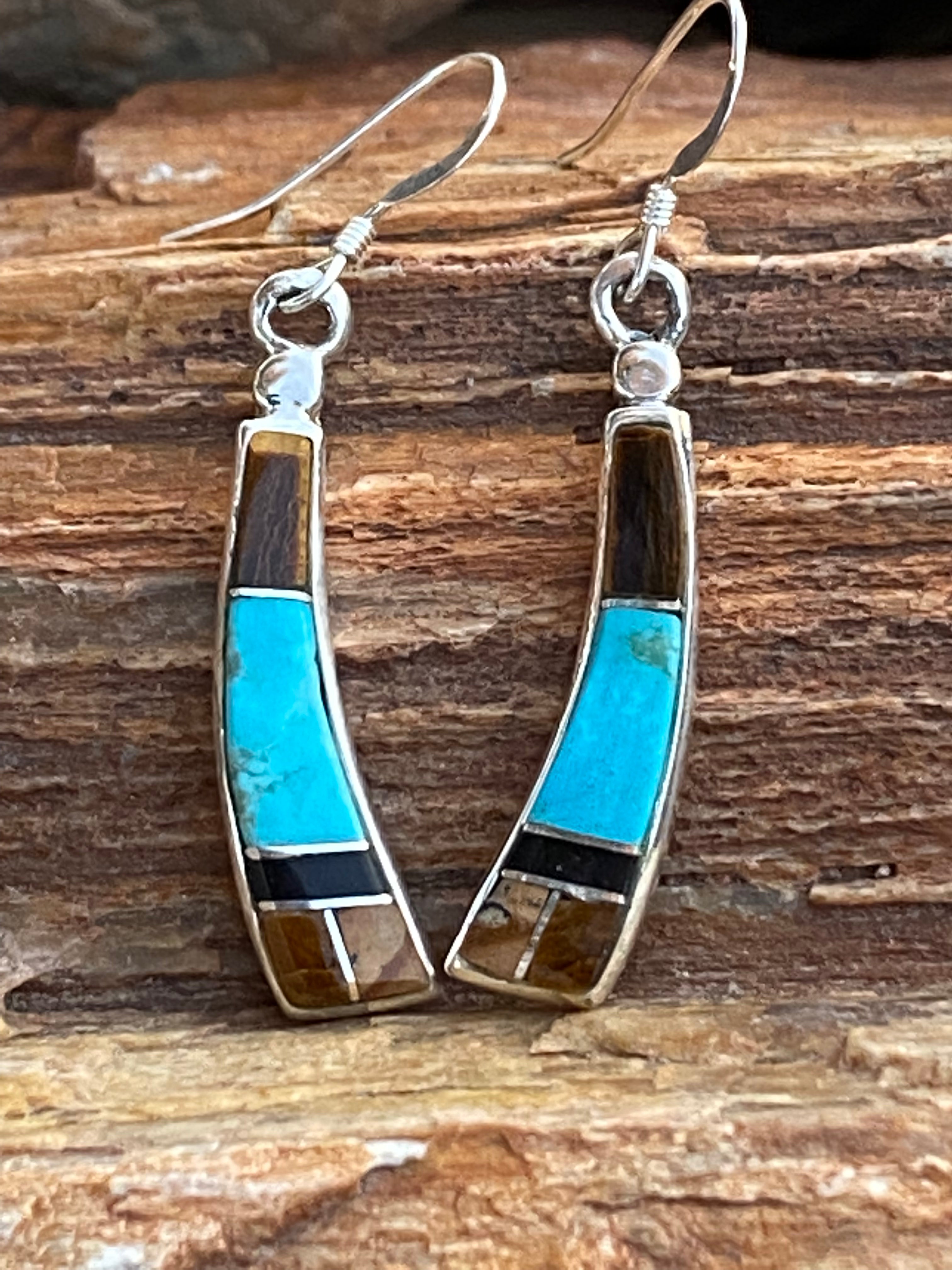 Navajo Turquoise, Onyx, Petrified Wood & Sterling Silver Inlay Dangle Earrings