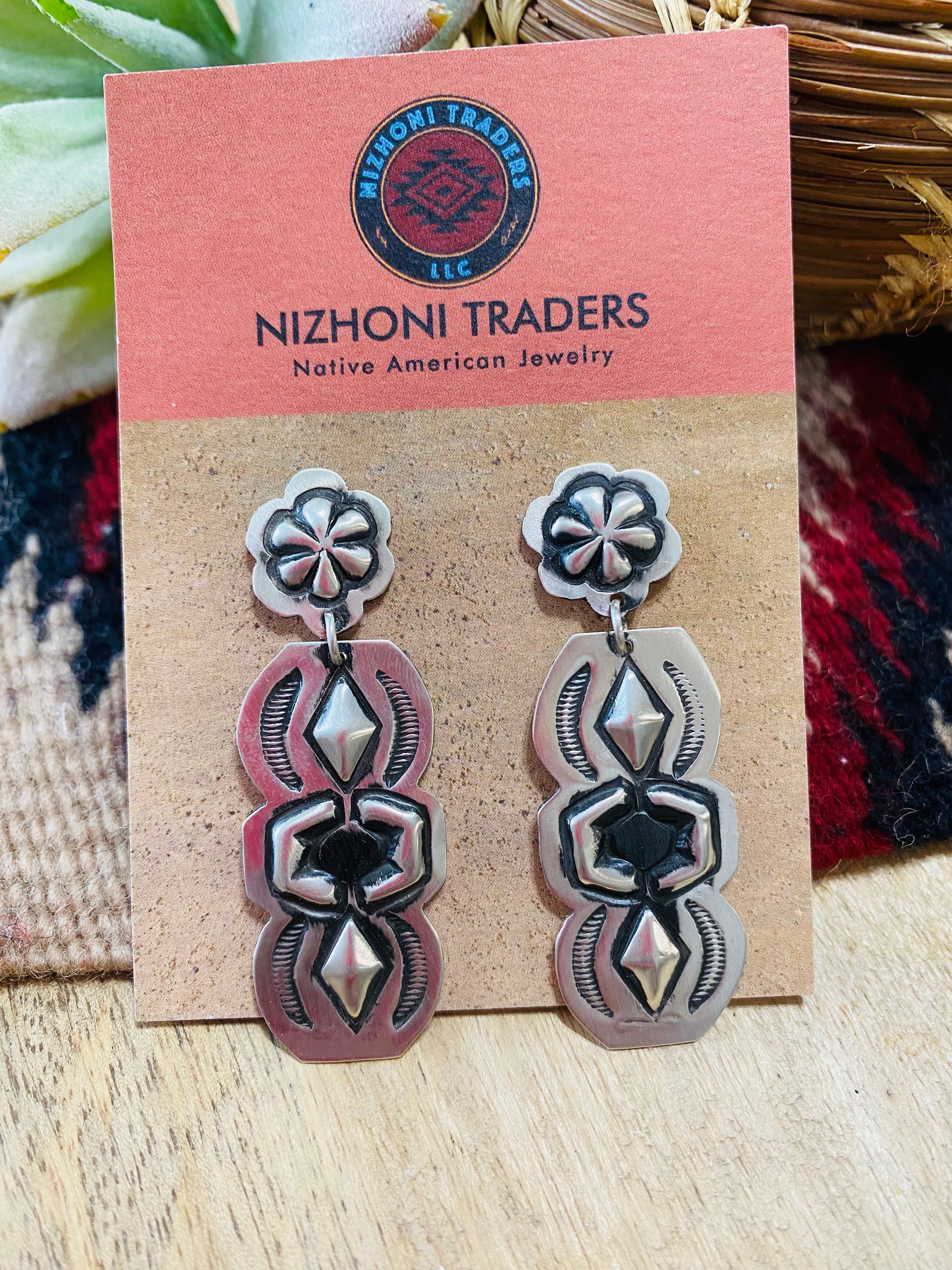 Navajo Sterling Silver Concho Dangle Earrings By Leander Tahe