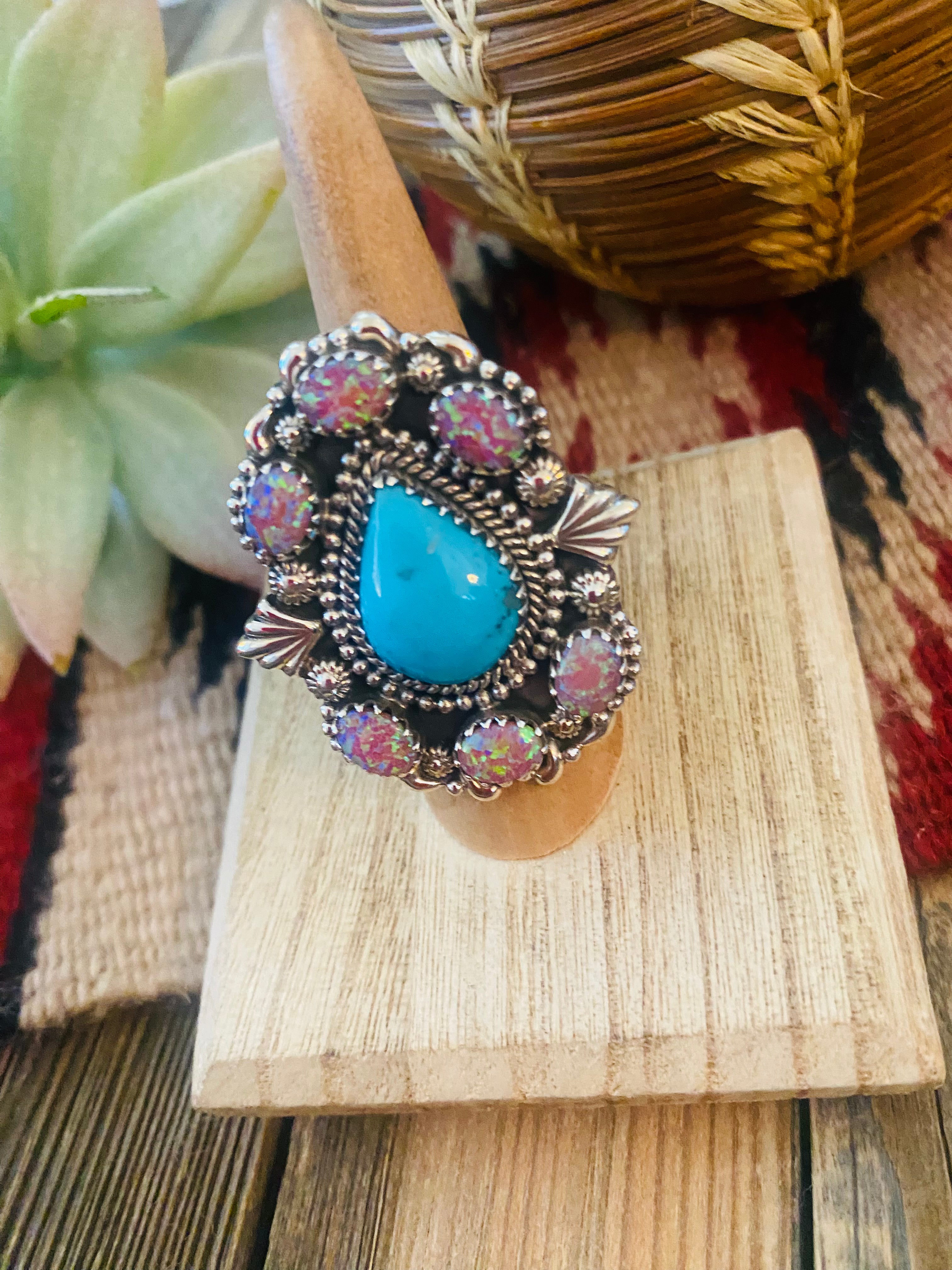 Handmade Sterling Silver, Turquoise & Opal Cluster Adjustable Ring