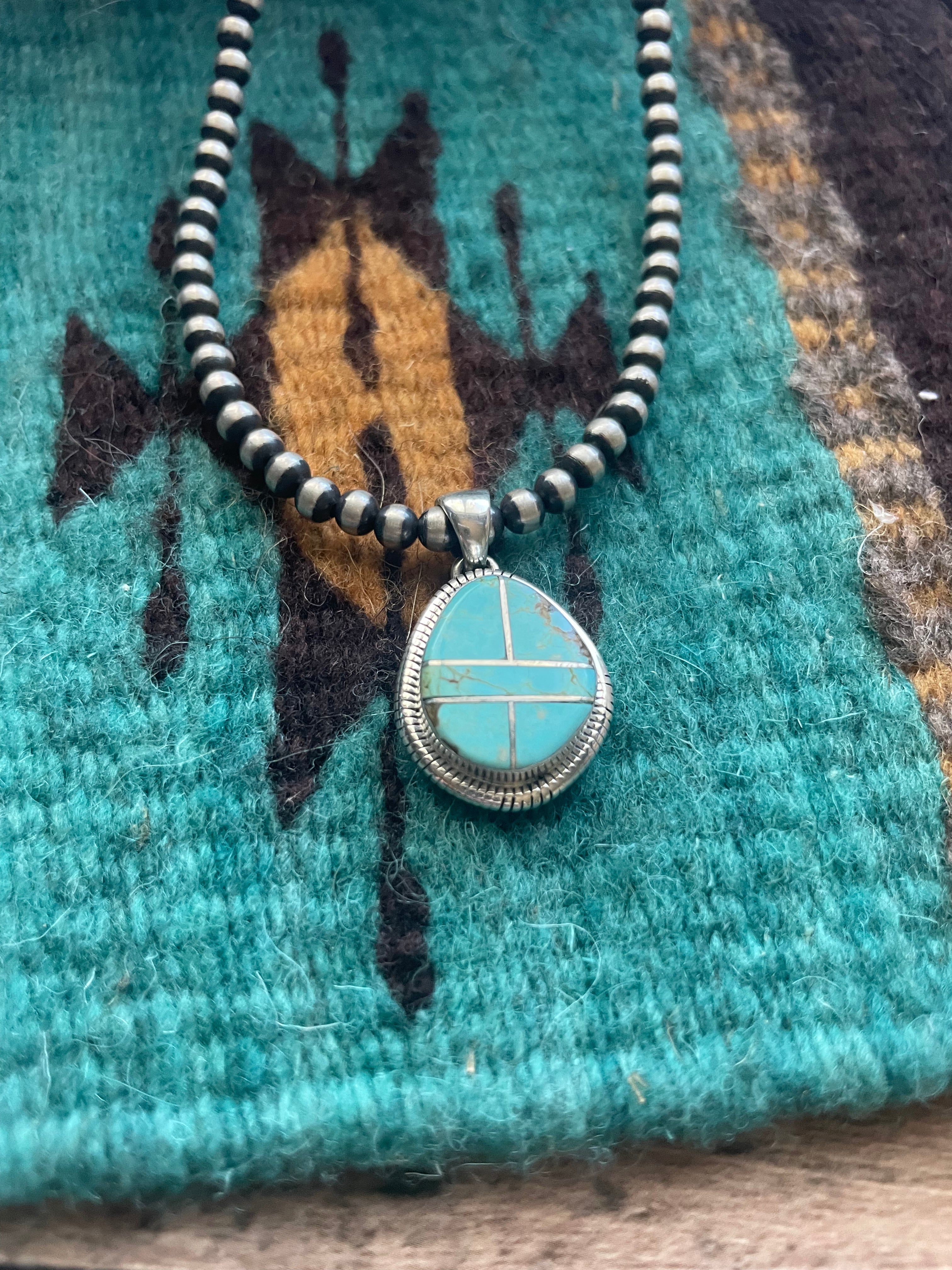 Navajo Number 8 Turquoise Inlay & Sterling Silver Pendant Signed