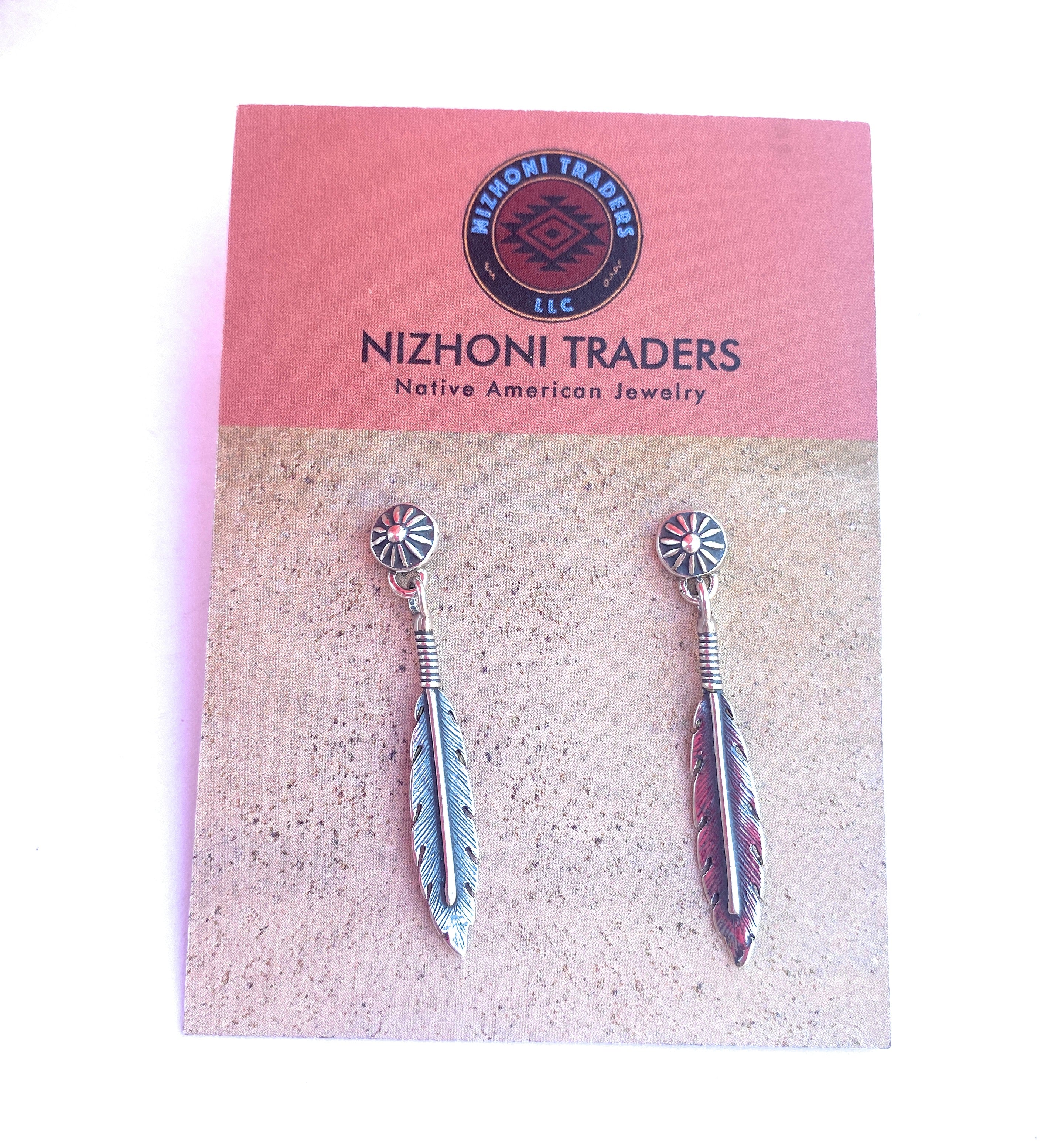 Navajo Sterling Silver Concho Feather Dangle Earrings