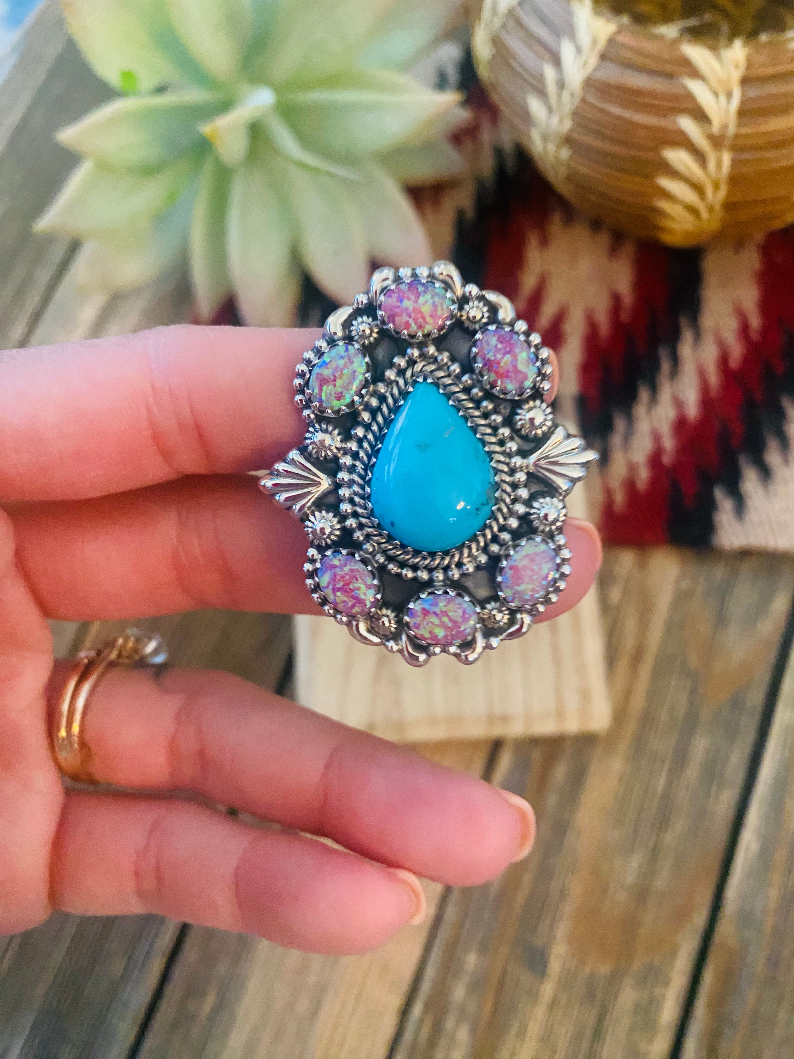 Handmade Sterling Silver, Turquoise & Opal Cluster Adjustable Ring