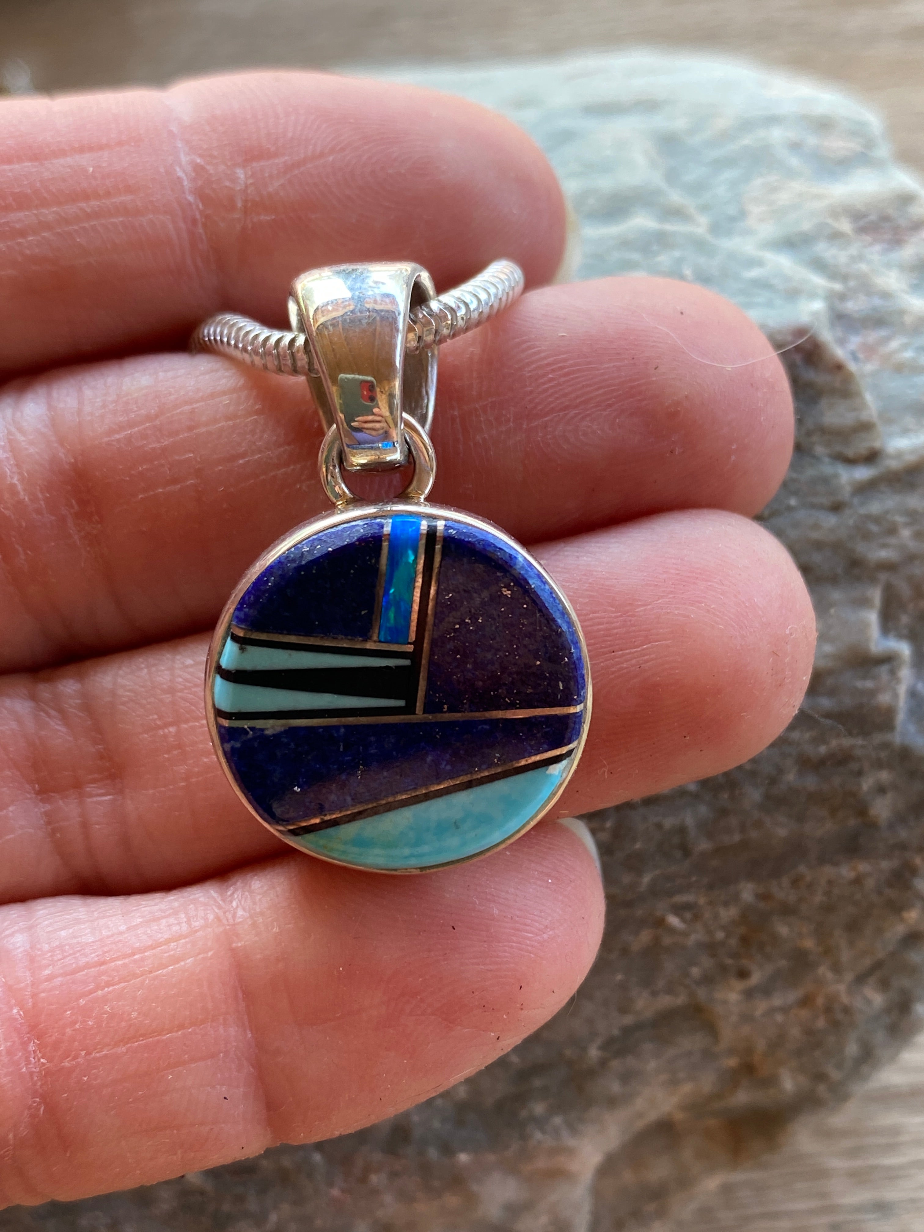 Navajo Lapis, Turquoise, Blue Opal Small Circle Pendant