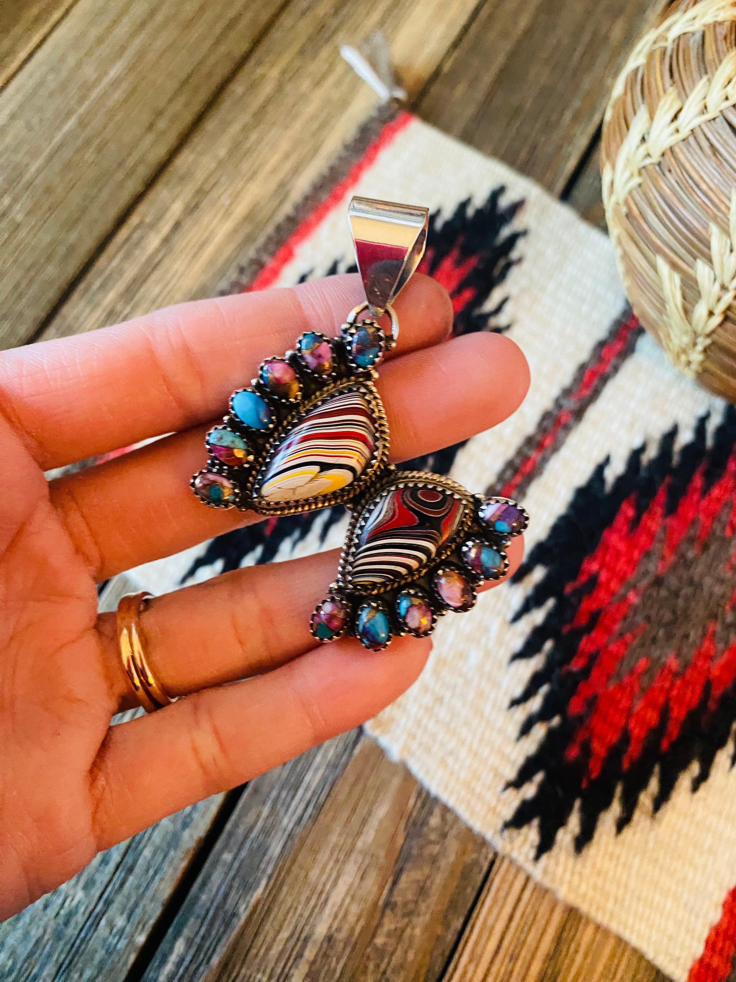 Handmade Sterling Silver, Fordite & Pink Dream Cluster Pendant