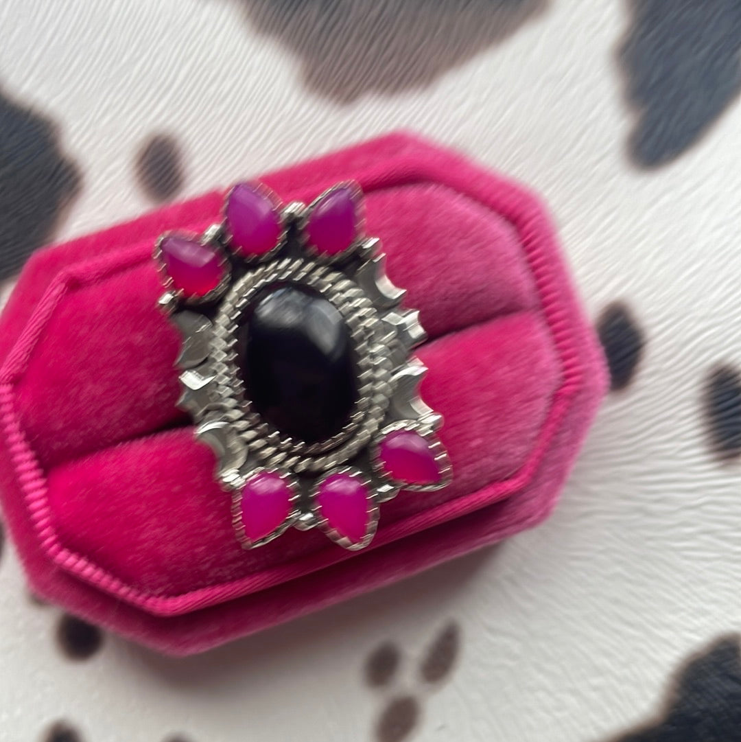 Handmade Pink & Black Onyx Sterling Silver Adjustable Ring Signed Nizhoni