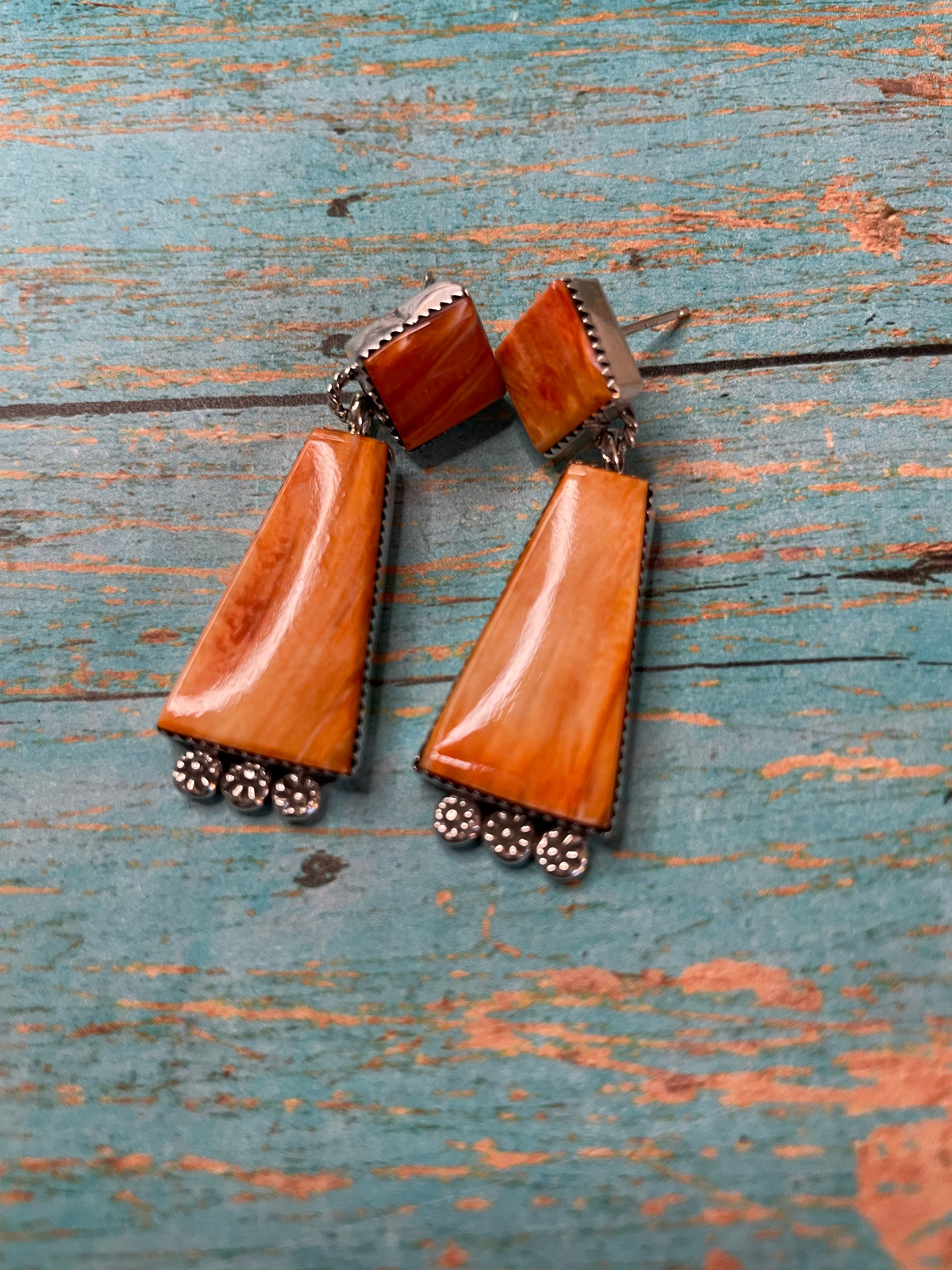 Navajo Sterling Silver And Coral Dangle Earrings