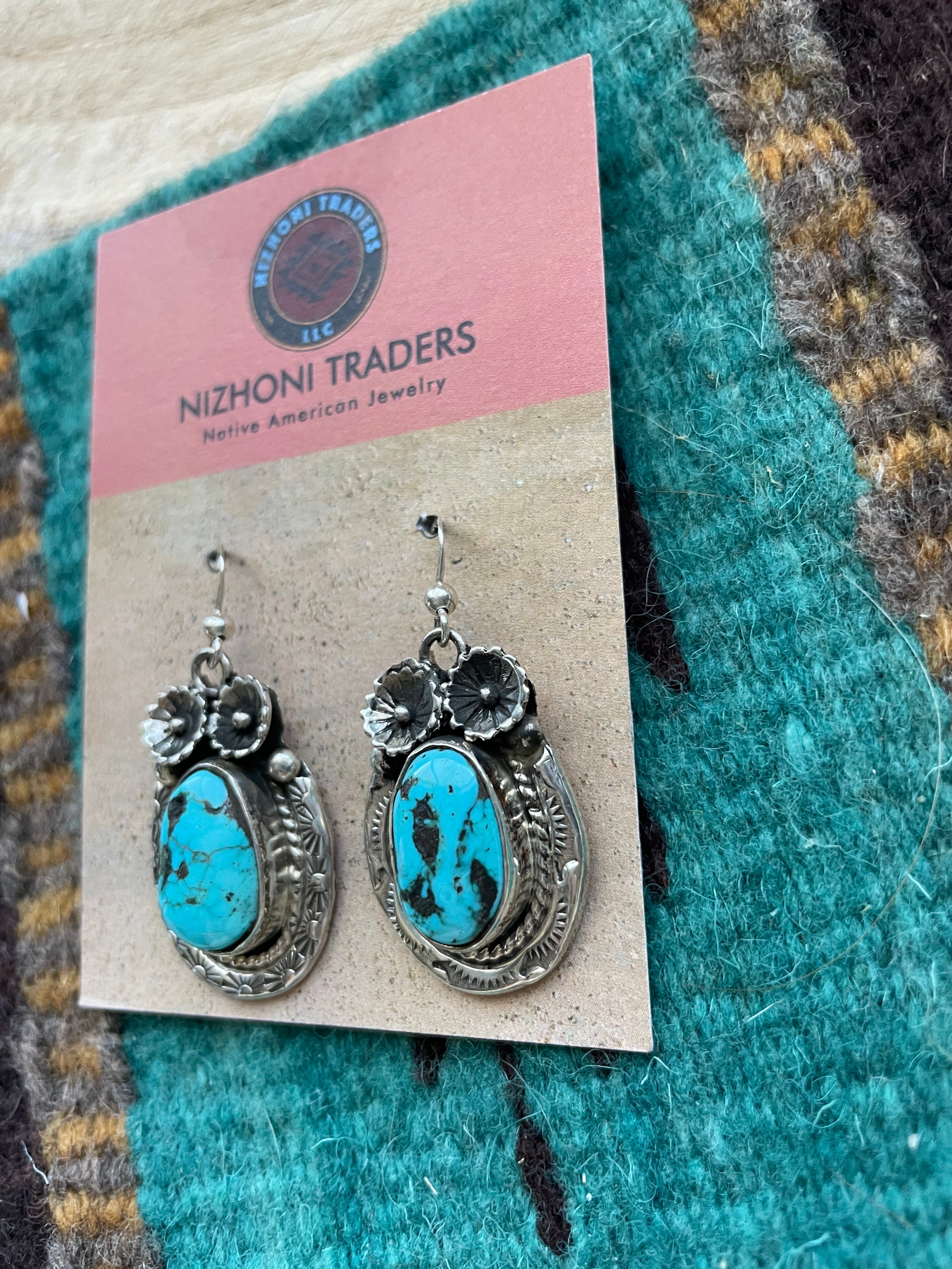 Navajo Kingman Turquoise & Sterling Silver Dangle Earrings