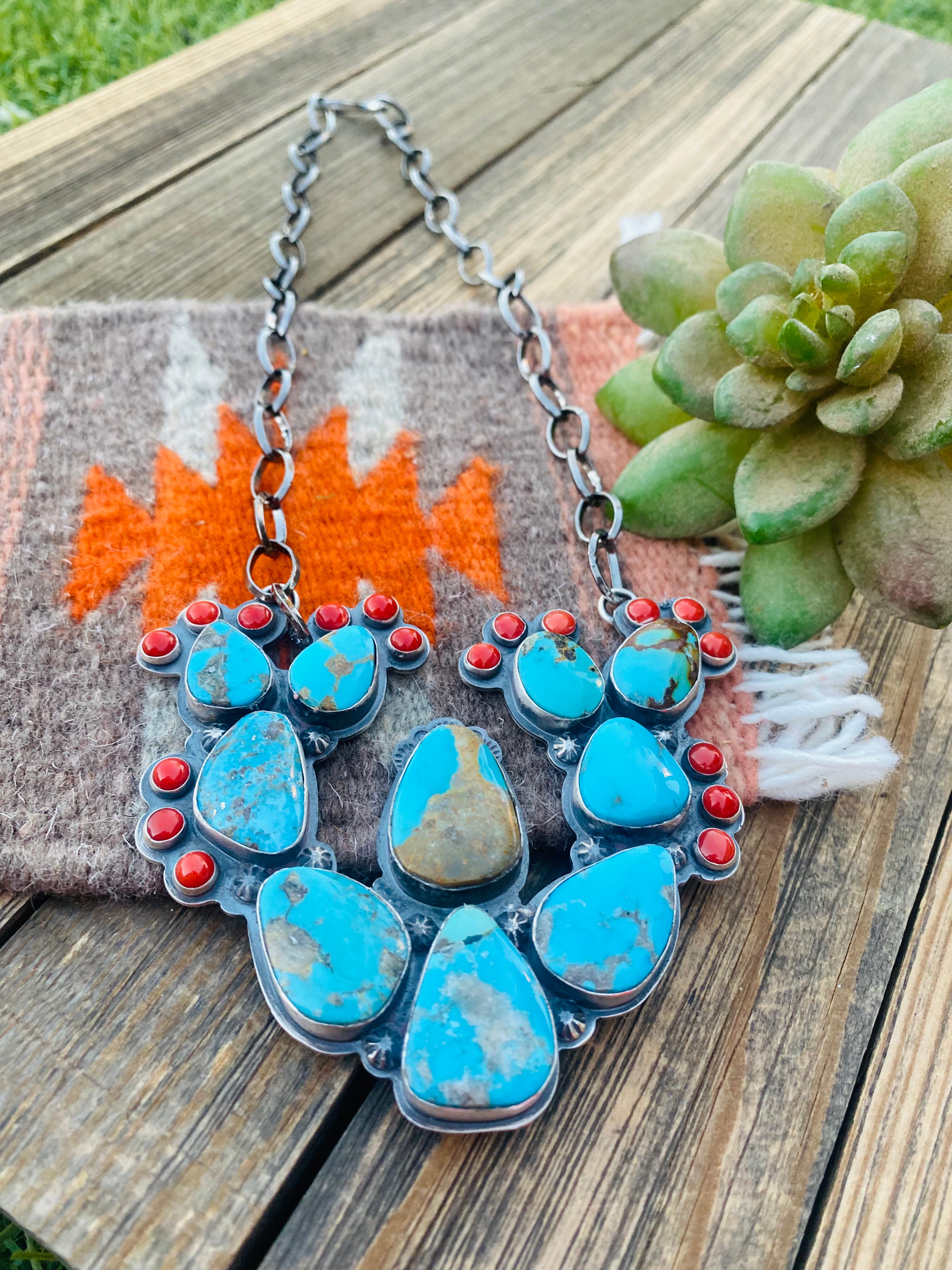 Navajo Sterling Silver, Turquoise & Coral Cactus Necklace