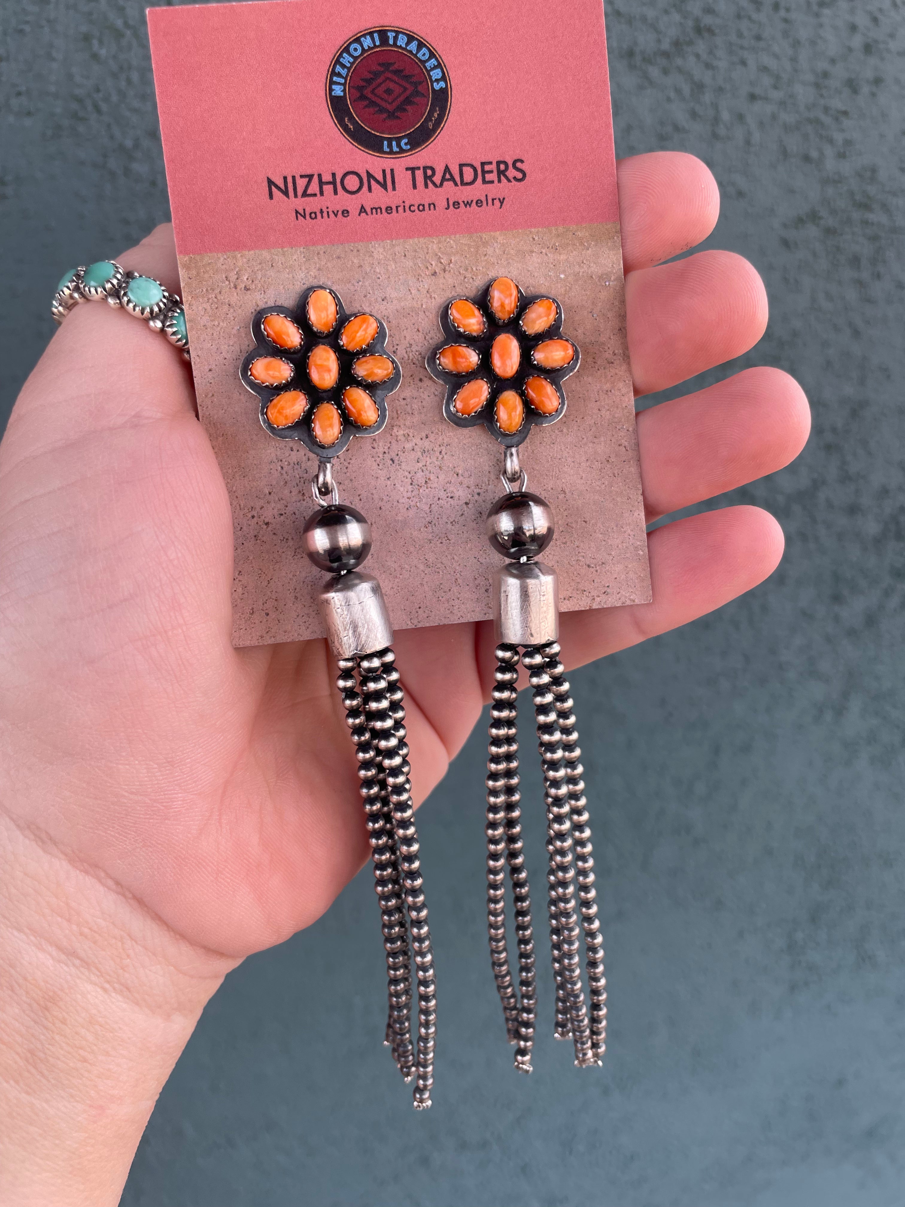 Navajo Sterling Silver Tassel Orange Spiny Flower Dangle Earrings Signed