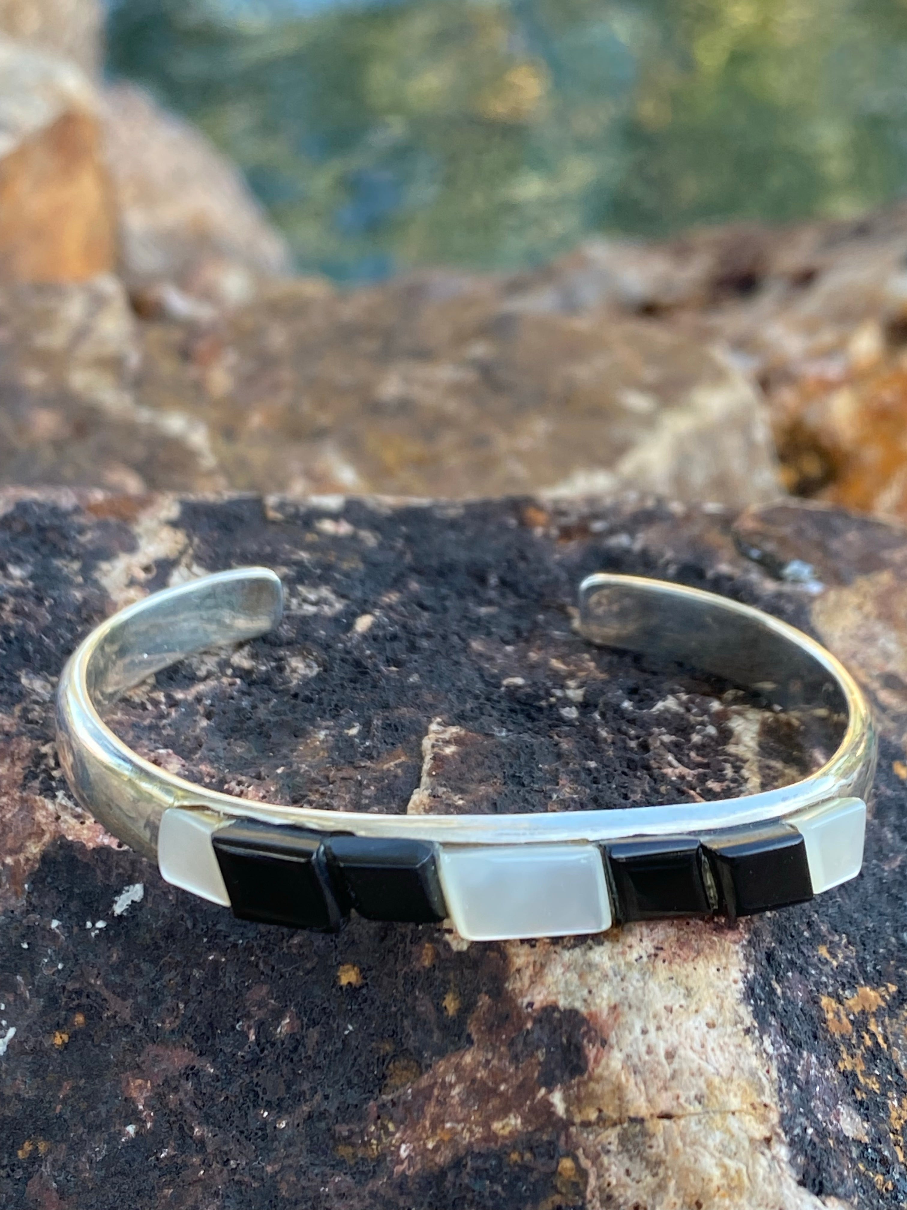 Sterling orders Silver Onyx Mother of Pearl cuff bracelet