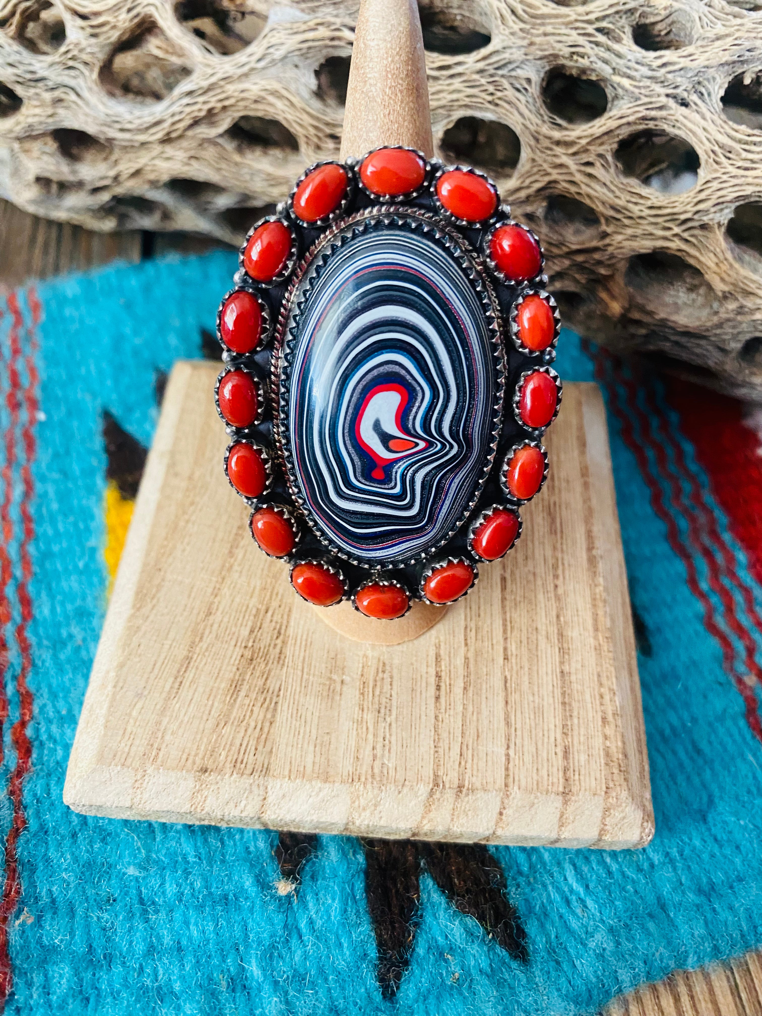 Handmade Sterling Silver, Fordite & Coral Cluster Adjustable Ring