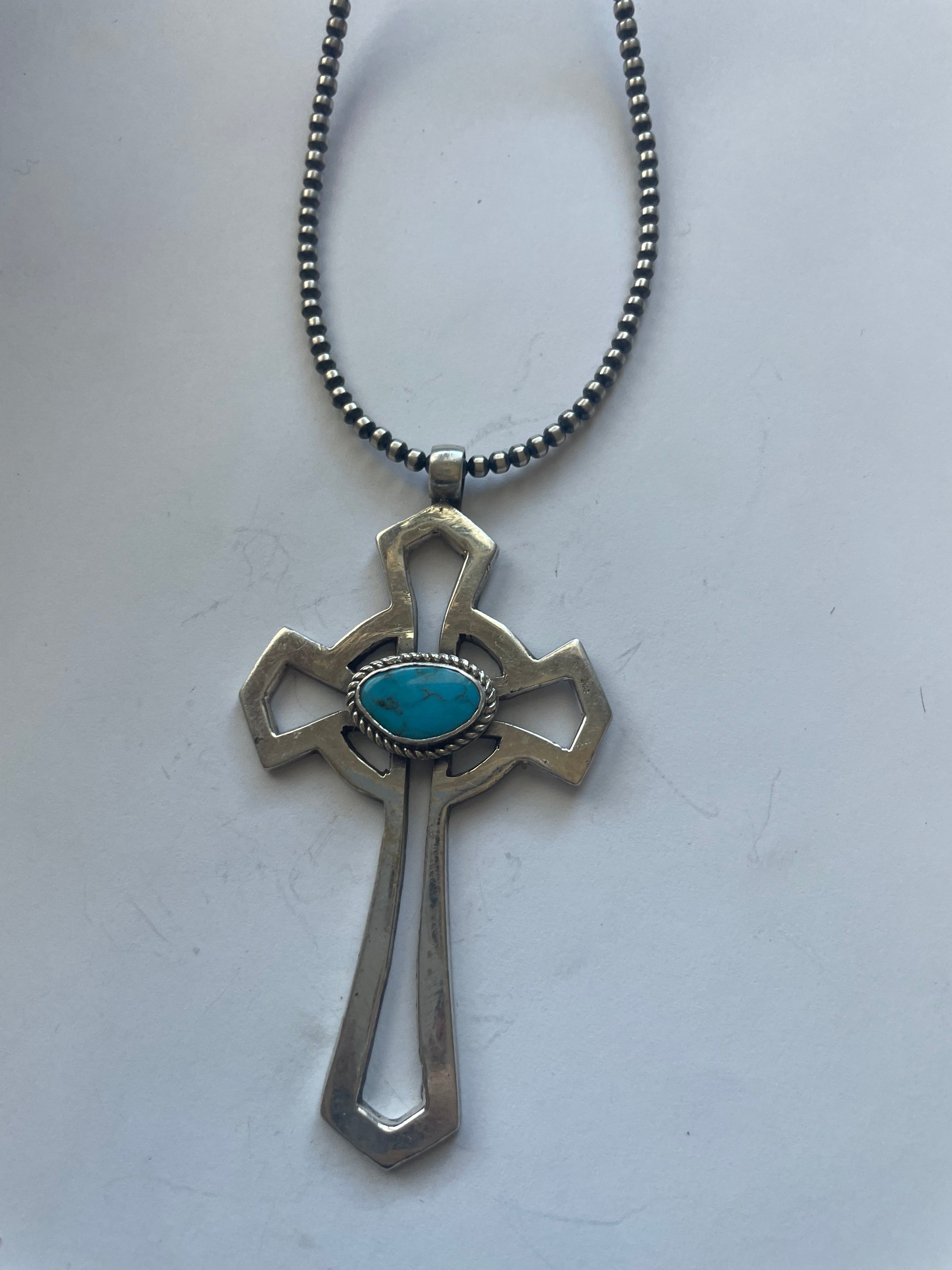 Navajo Sterling Silver & Turquoise Cross Pendant Signed Eugene Mitchell