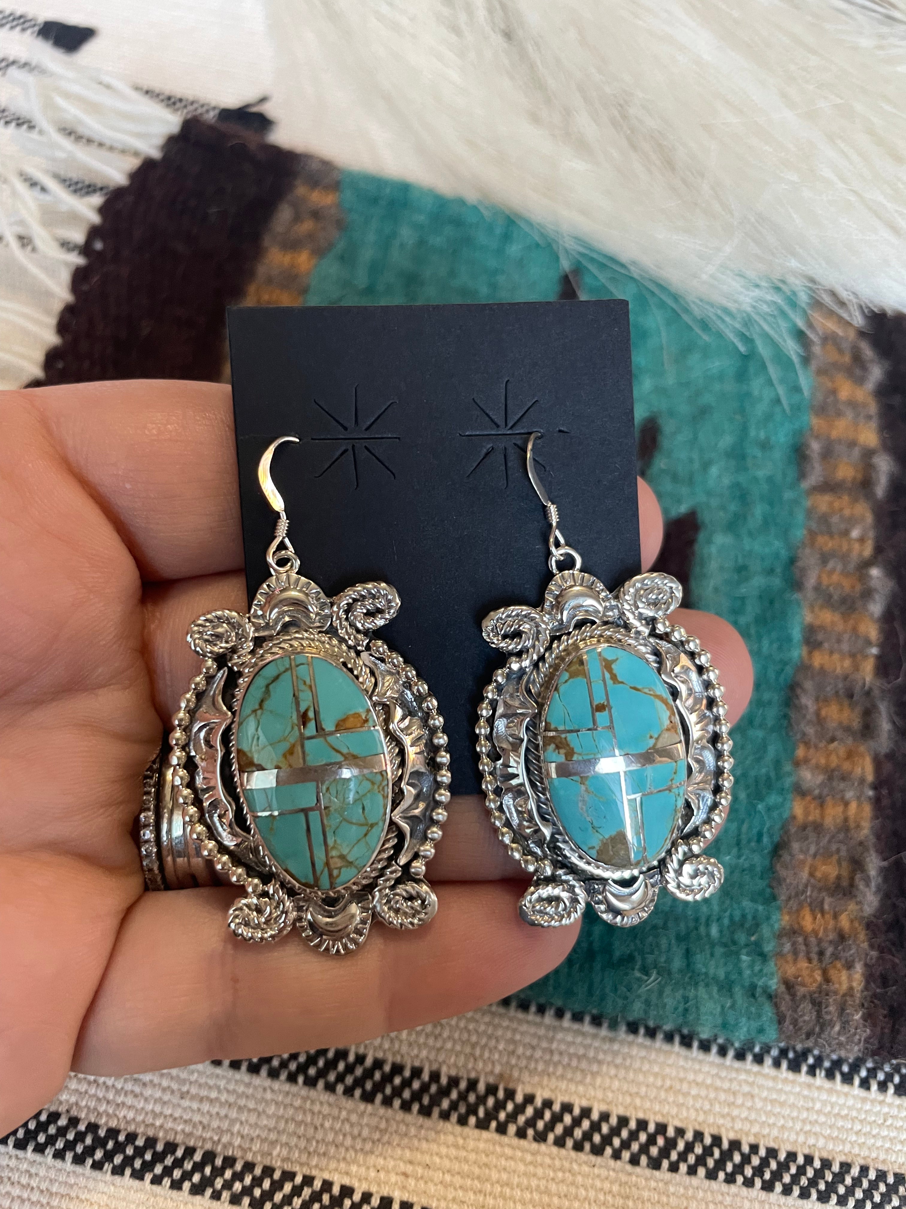 Navajo Number 8 Turquoise & Sterling Silver Dangle Earrings Signed