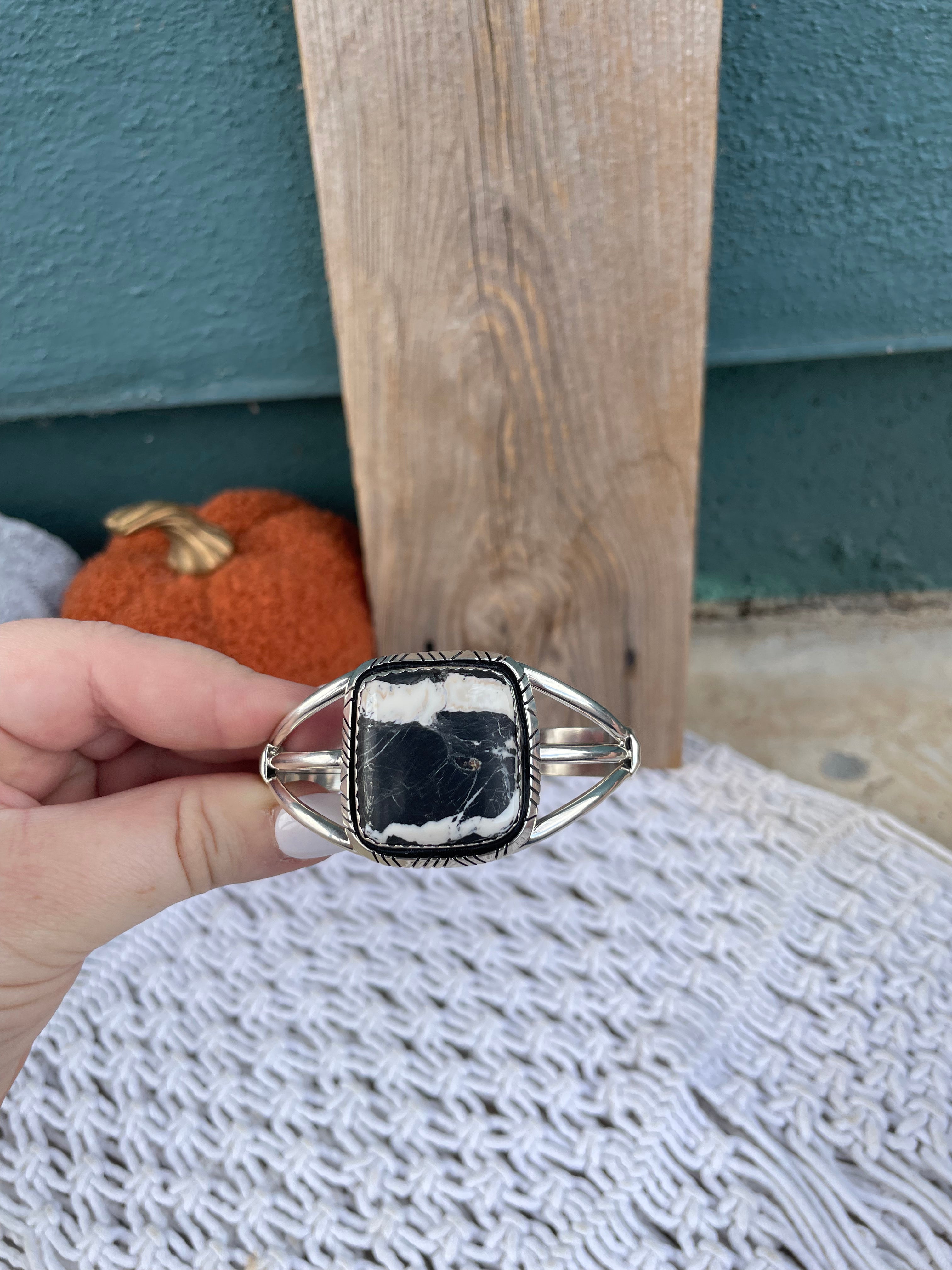 Navajo Sterling Silver And White Buffalo Adjustable Cuff Bracelet