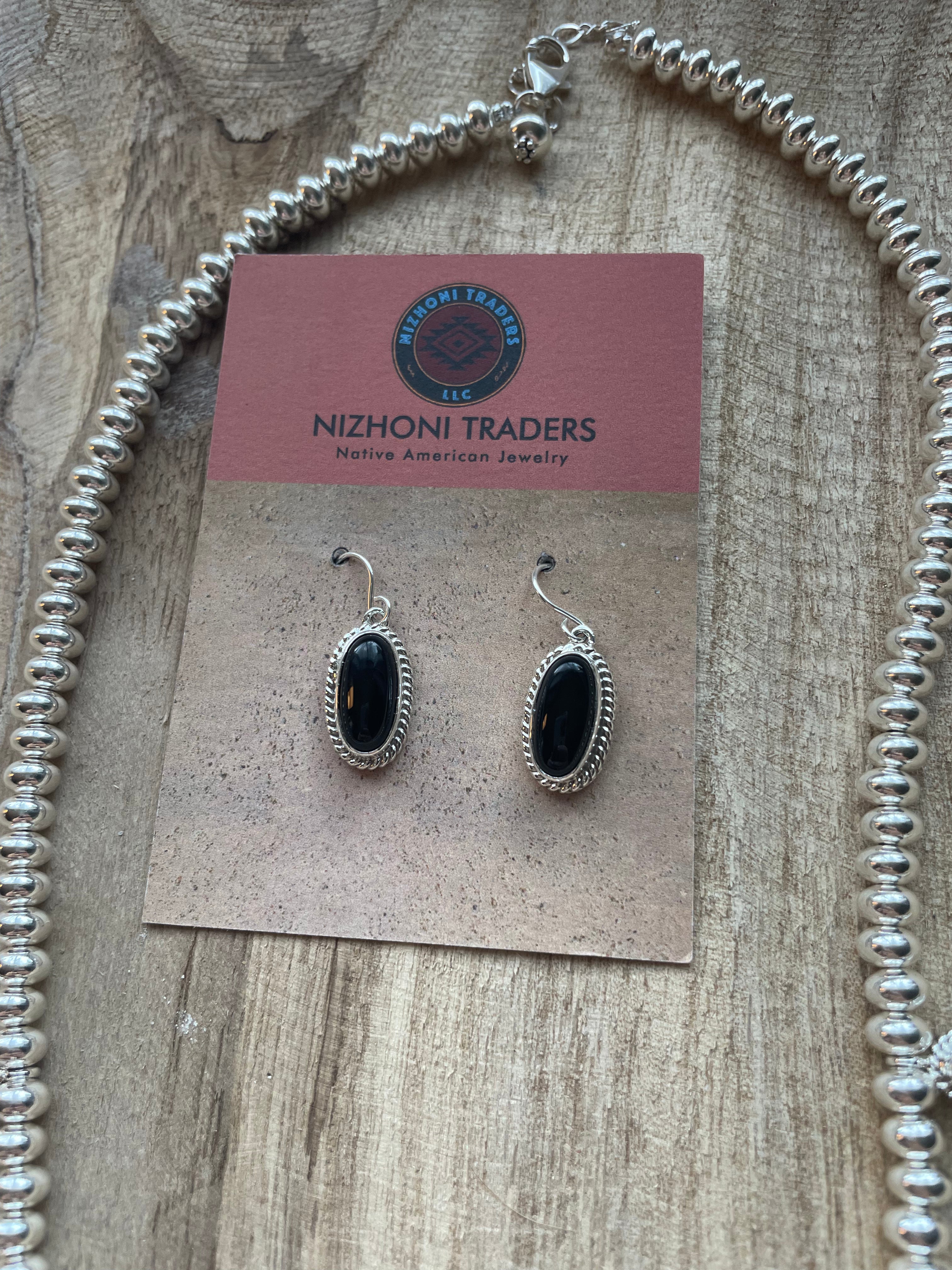 Navajo Sterling Silver & Black Onyx Necklace & Earring Set Signed