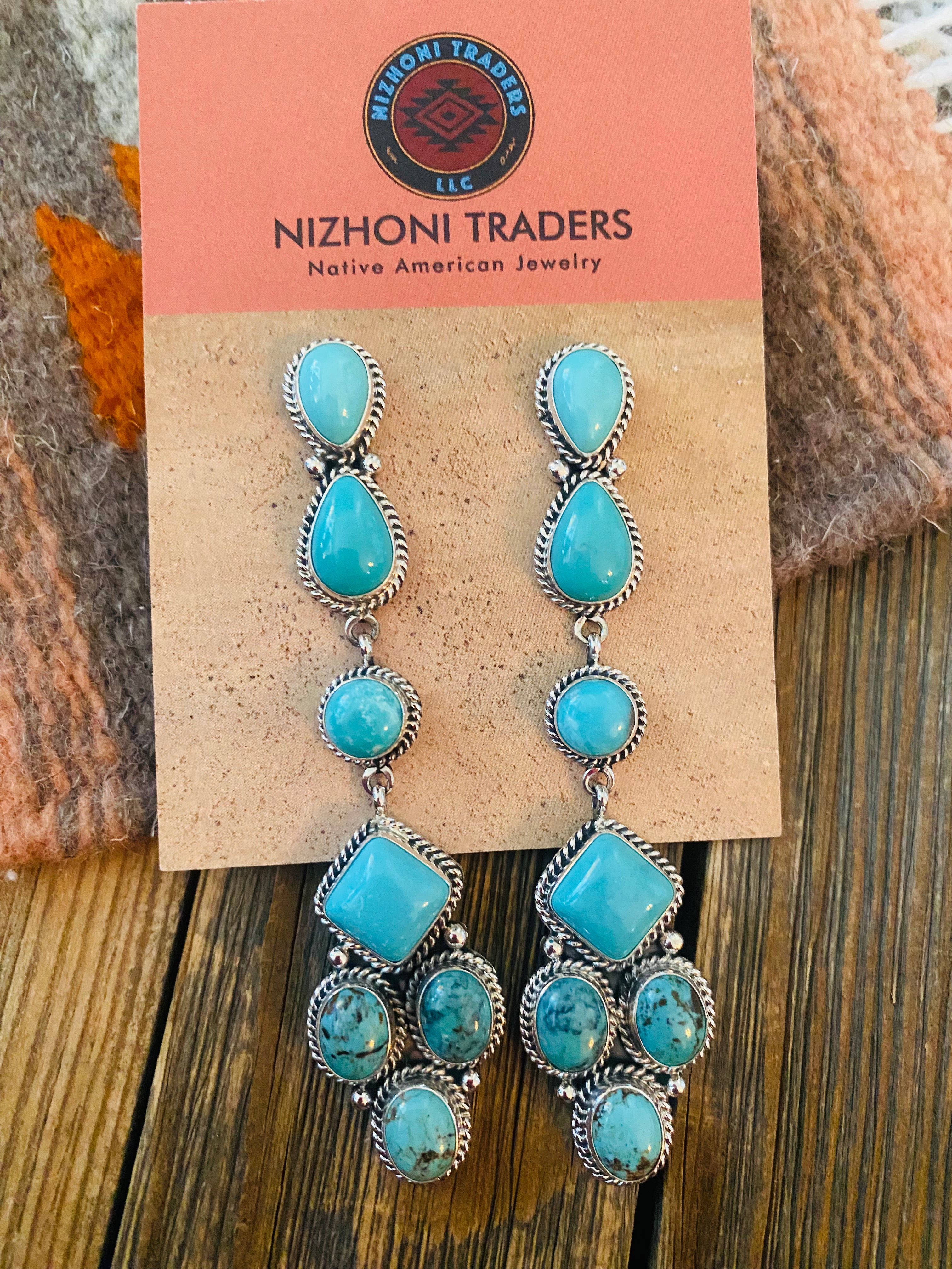 Navajo Sterling Silver & Natural Turquoise Dangle Earrings Signed