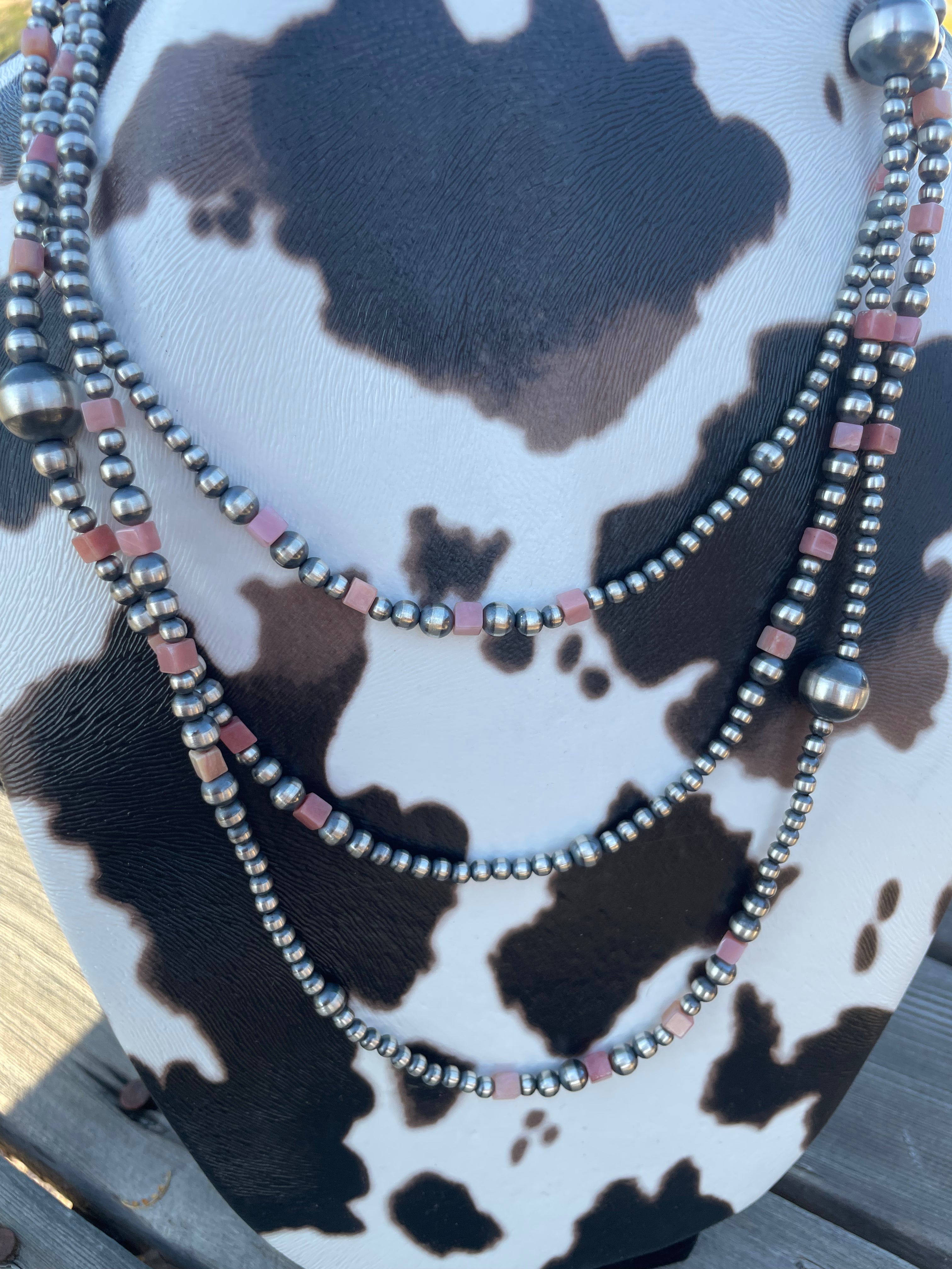 Navajo Pink Conch & Sterling Silver Beaded Necklace 72”