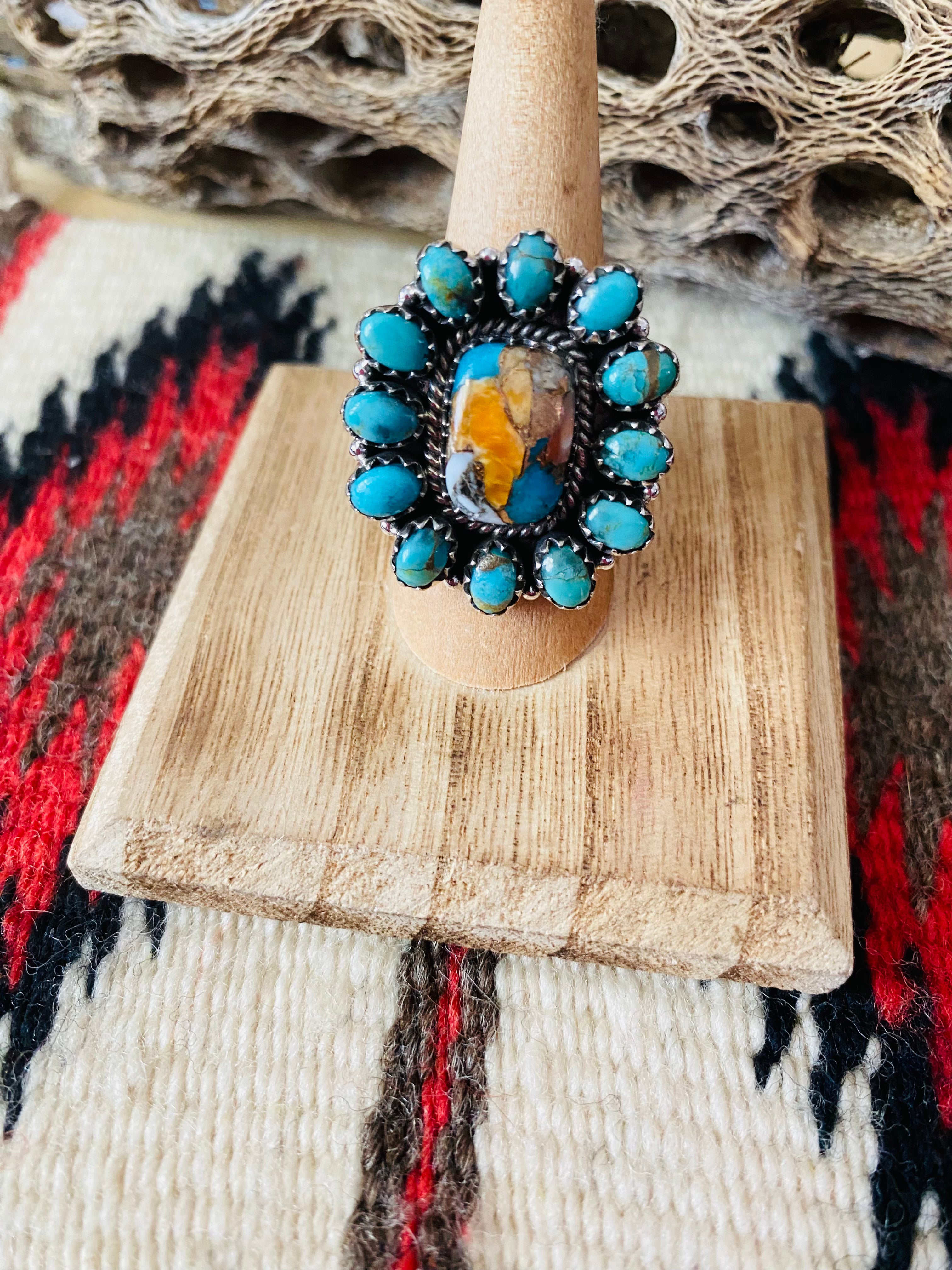 Handmade Sterling Silver, Spice & Turquoise Cluster Adjustable Ring