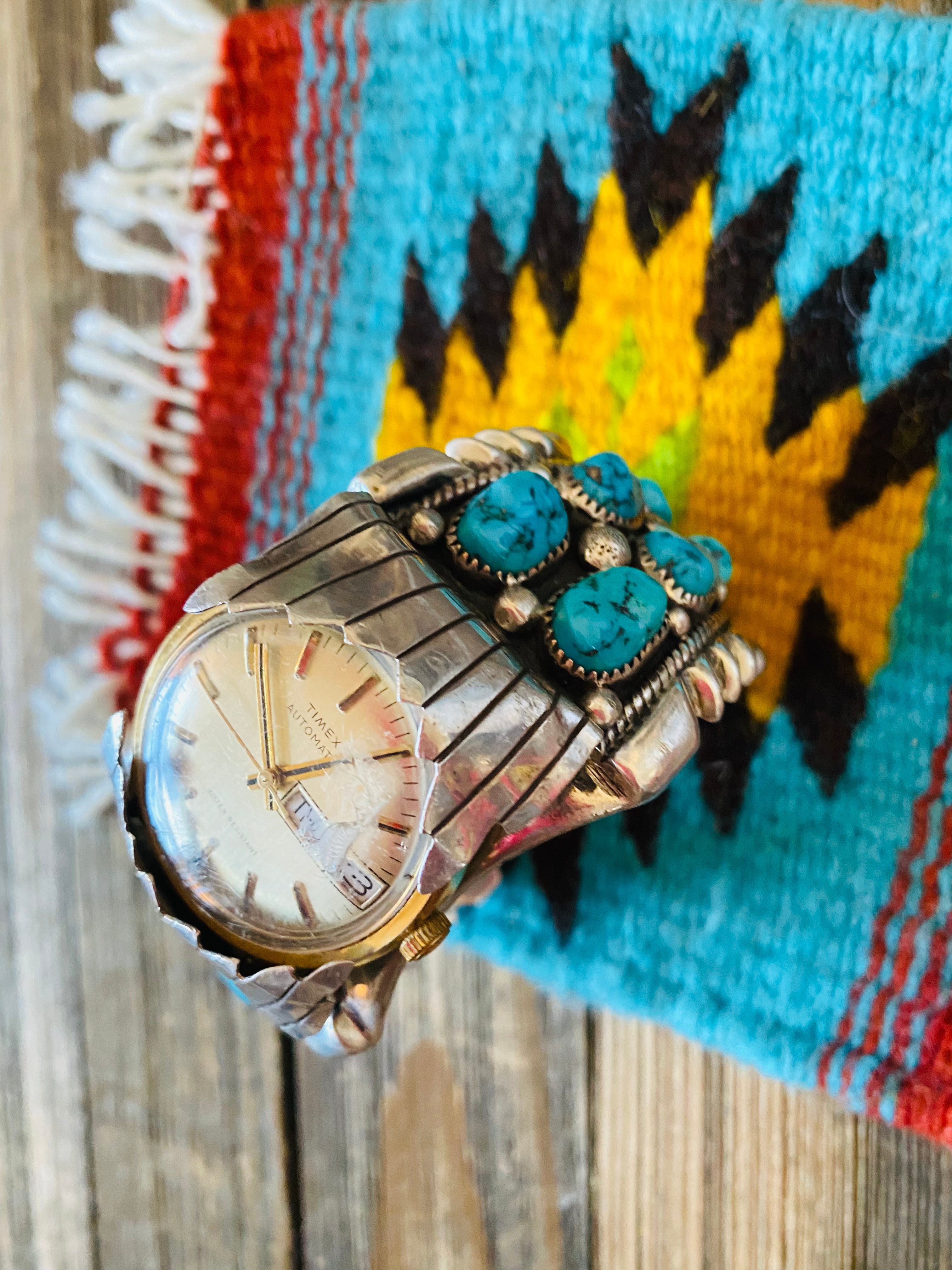 Old Pawn Vintage Navajo Kingman Turquoise & Sterling Silver Watch Cuff