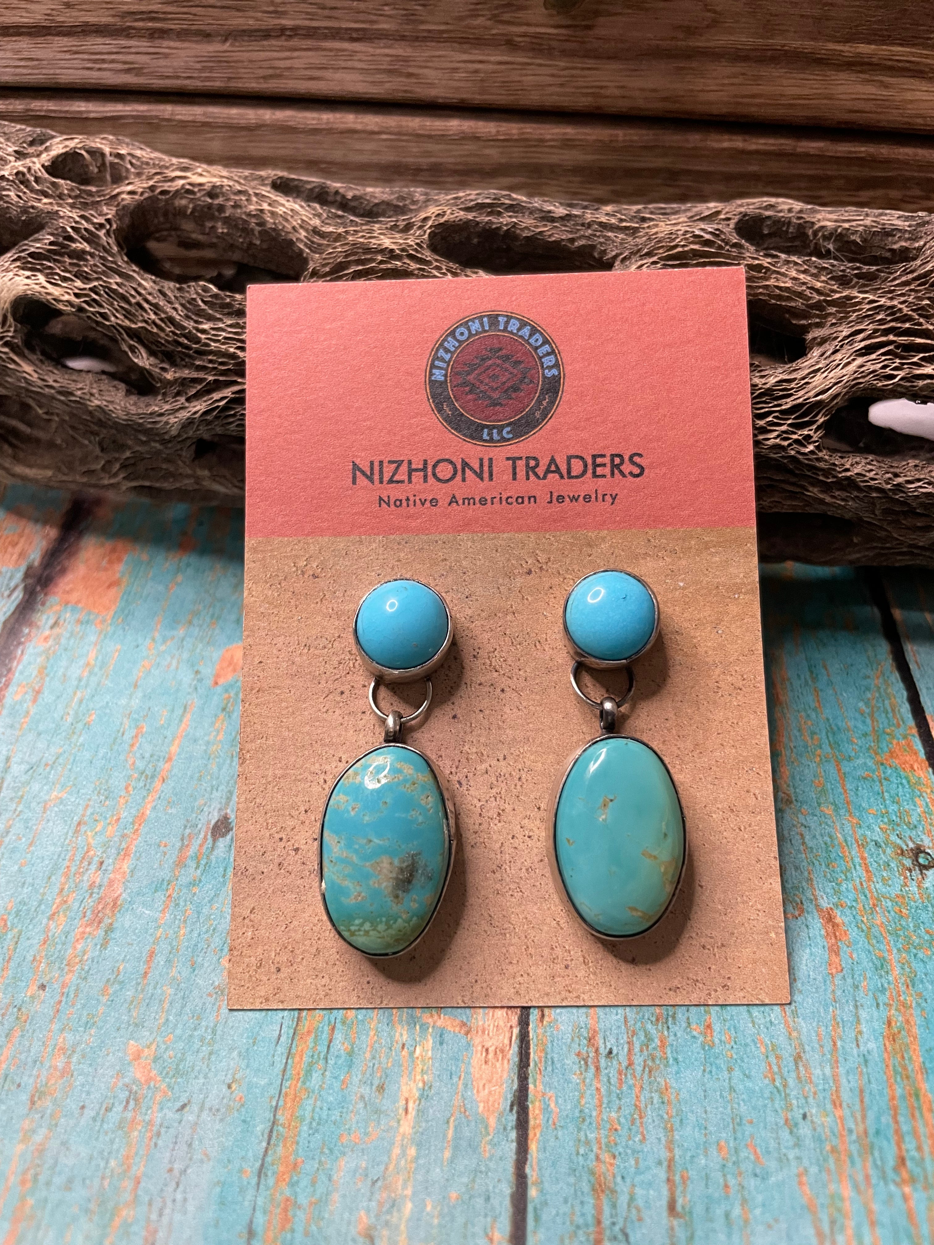 Navajo Turquoise And Sterling Silver Dangle Earrings Signed any Antone Harley