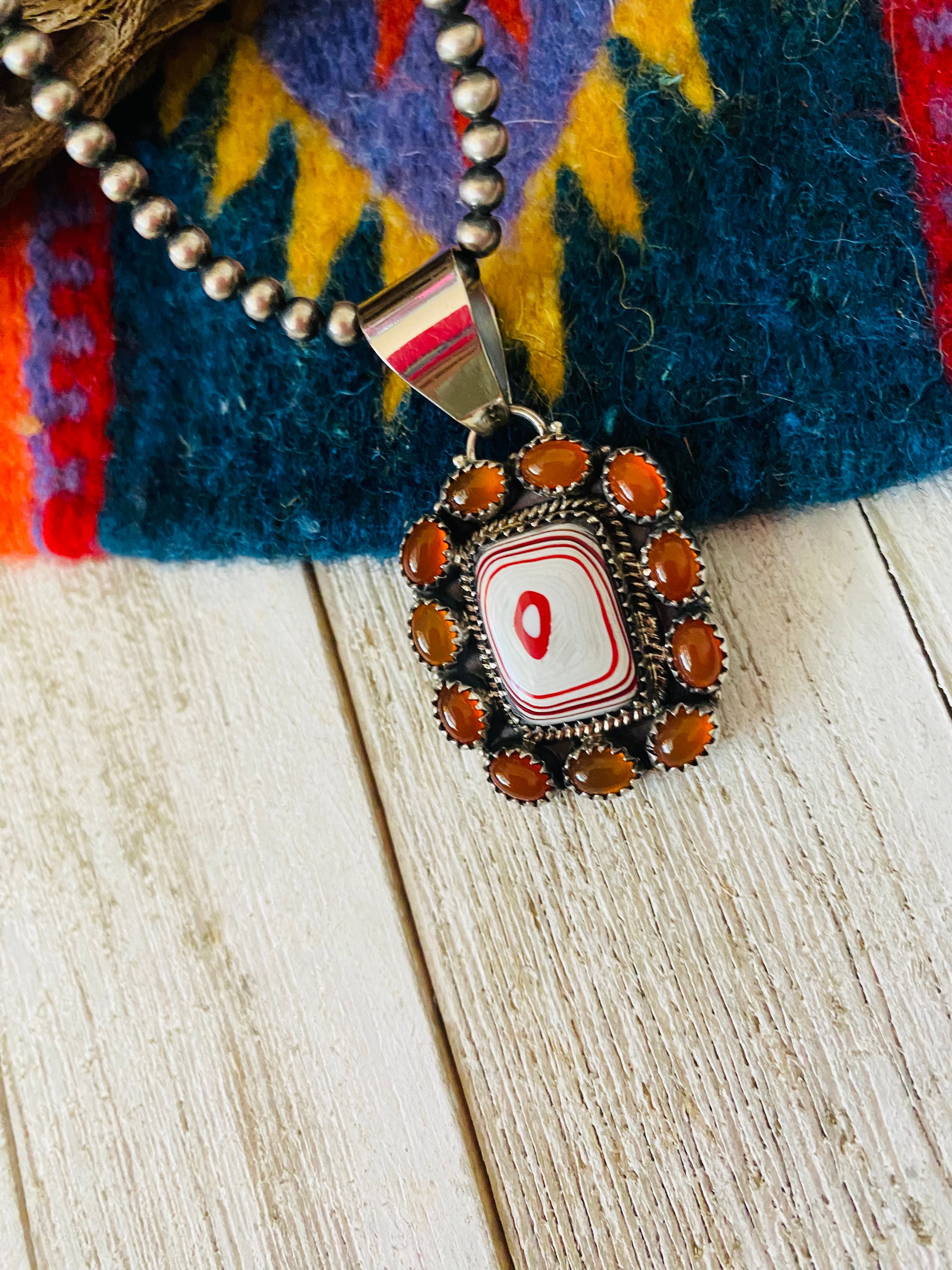 Handmade Sterling Silver, Fordite & Garnet Cluster Pendant