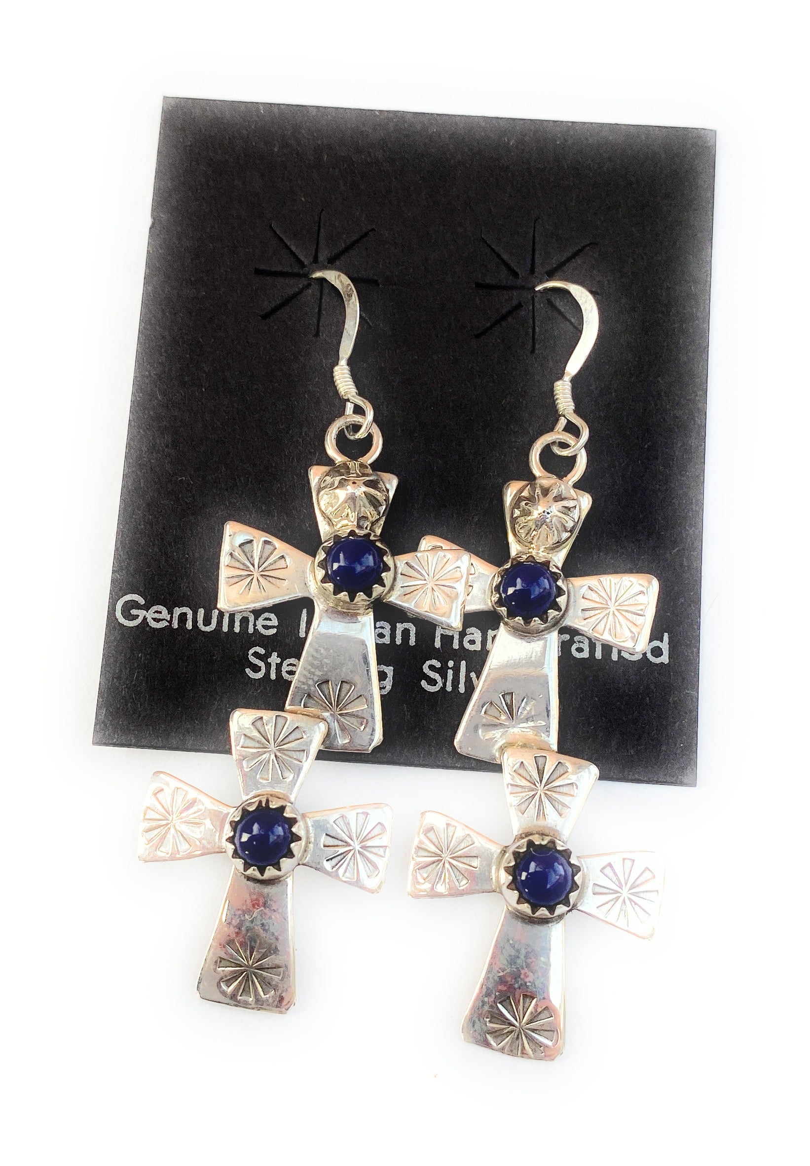 Navajo Hand Stamped Sterling Silver & Lapis Cross Dangle Earrings