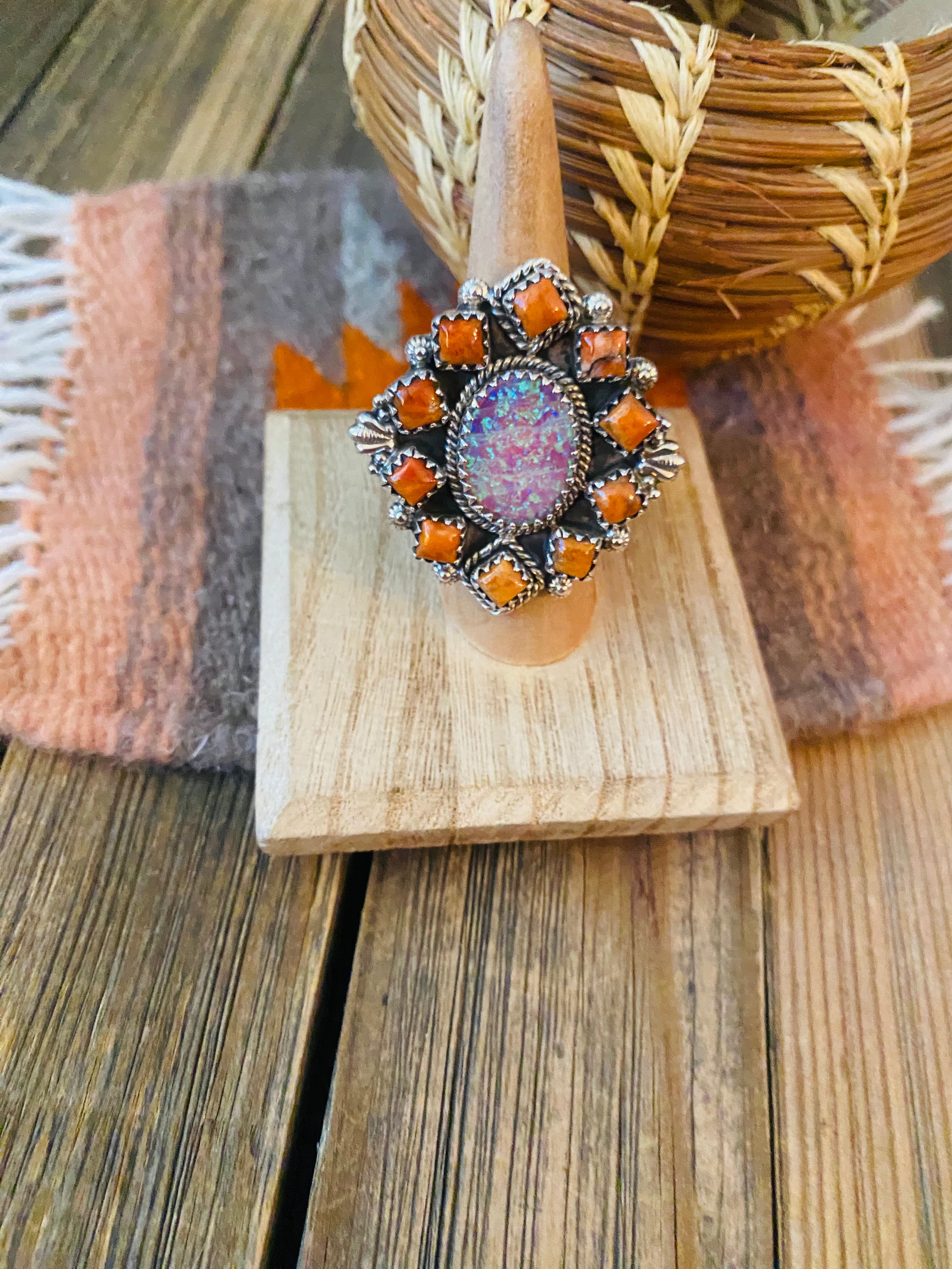 Handmade Sterling Silver, Orange Mojave & Opal Cluster Adjustable Ring